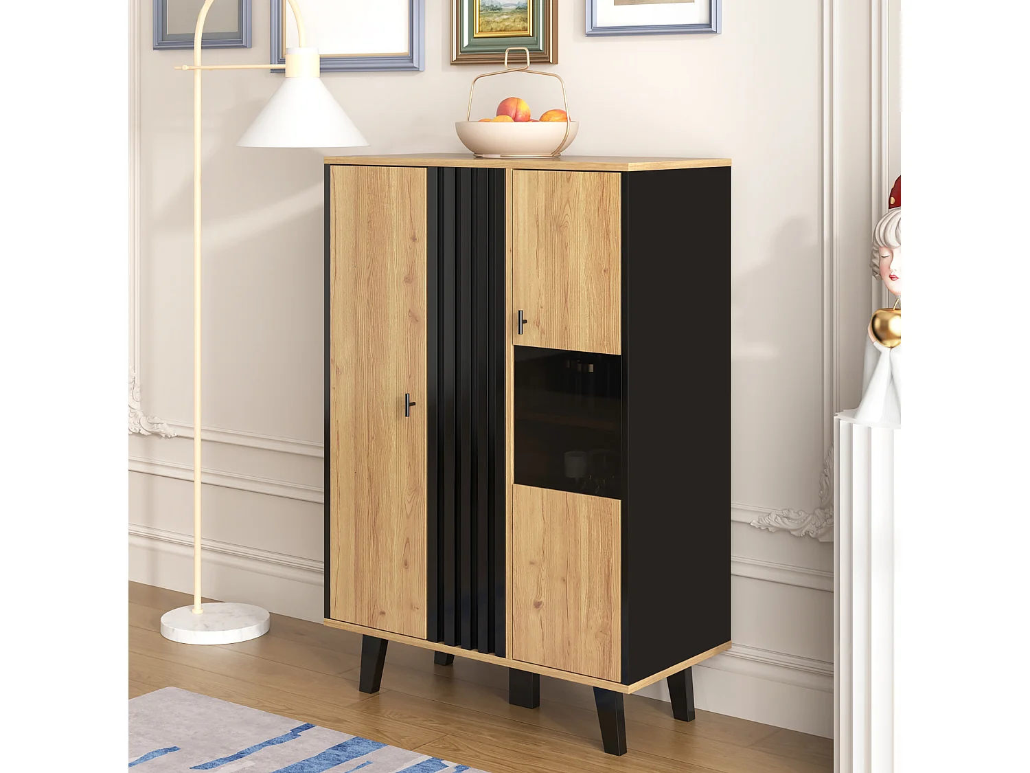 Sideboard mit 2 Türen und 4 Einlegeböden – 80 x 40 x 120 cm – LED-Beleuchtung – Spanplatte – Schwarz gestreiftes Muster – Holzfarbe