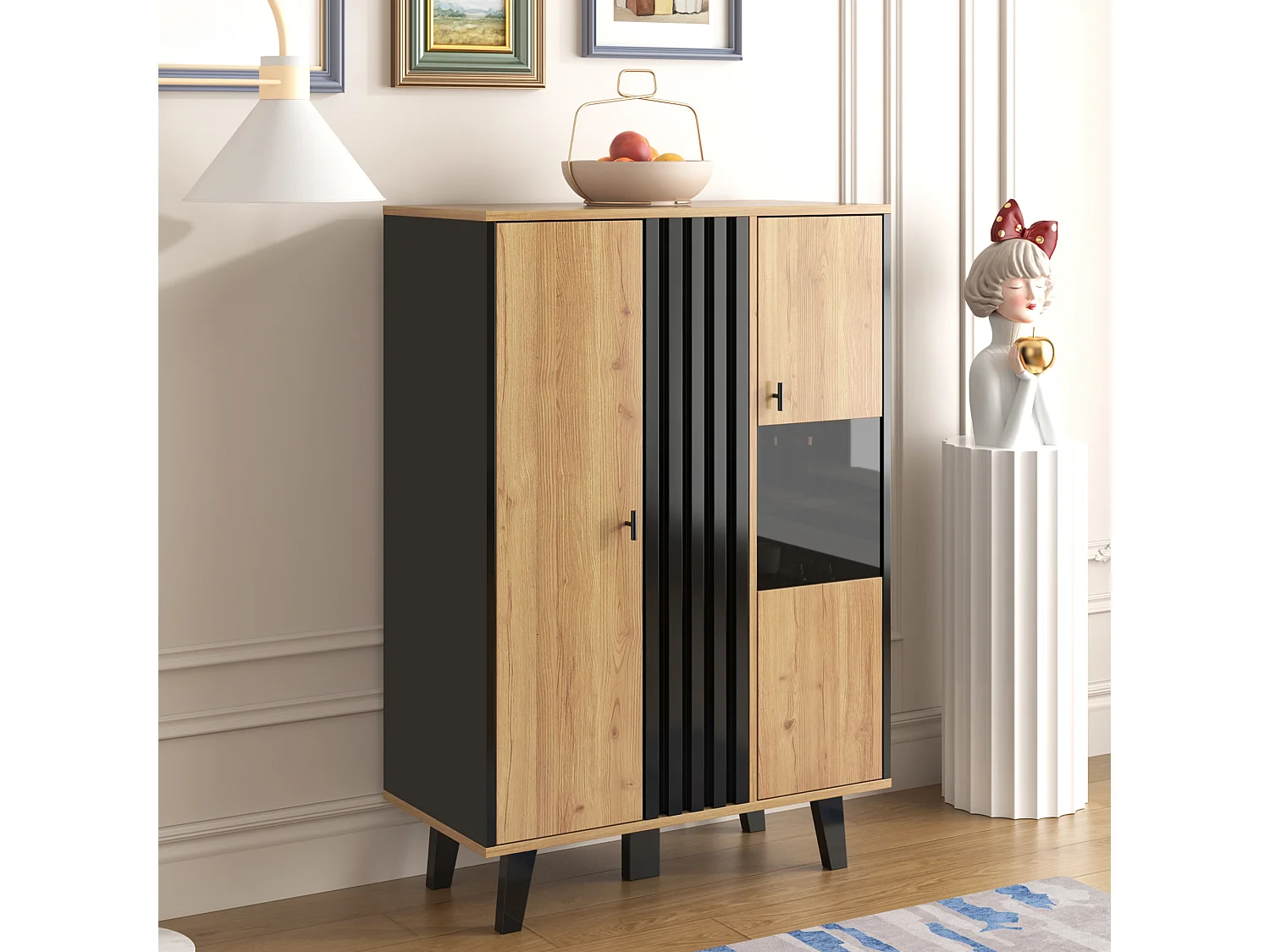 Sideboard mit 2 Türen und 4 Einlegeböden – 80 x 40 x 120 cm – LED-Beleuchtung – Spanplatte – Schwarz gestreiftes Muster – Holzfarbe