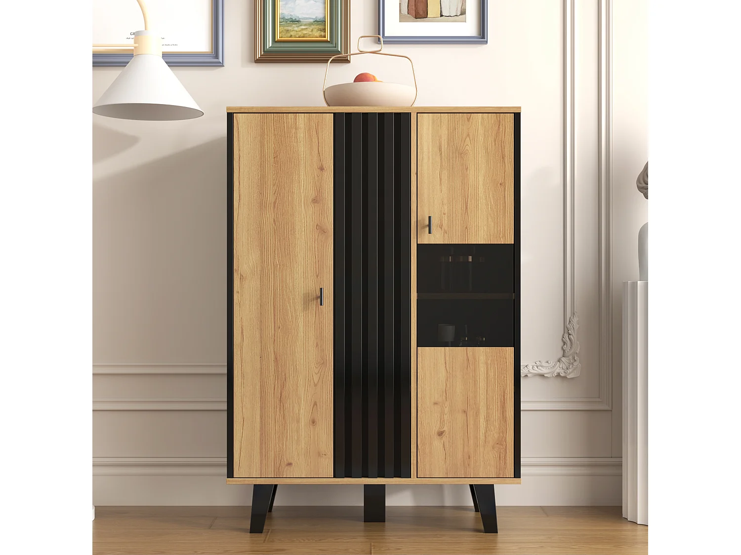 Sideboard mit 2 Türen und 4 Einlegeböden – 80 x 40 x 120 cm – LED-Beleuchtung – Spanplatte – Schwarz gestreiftes Muster – Holzfarbe