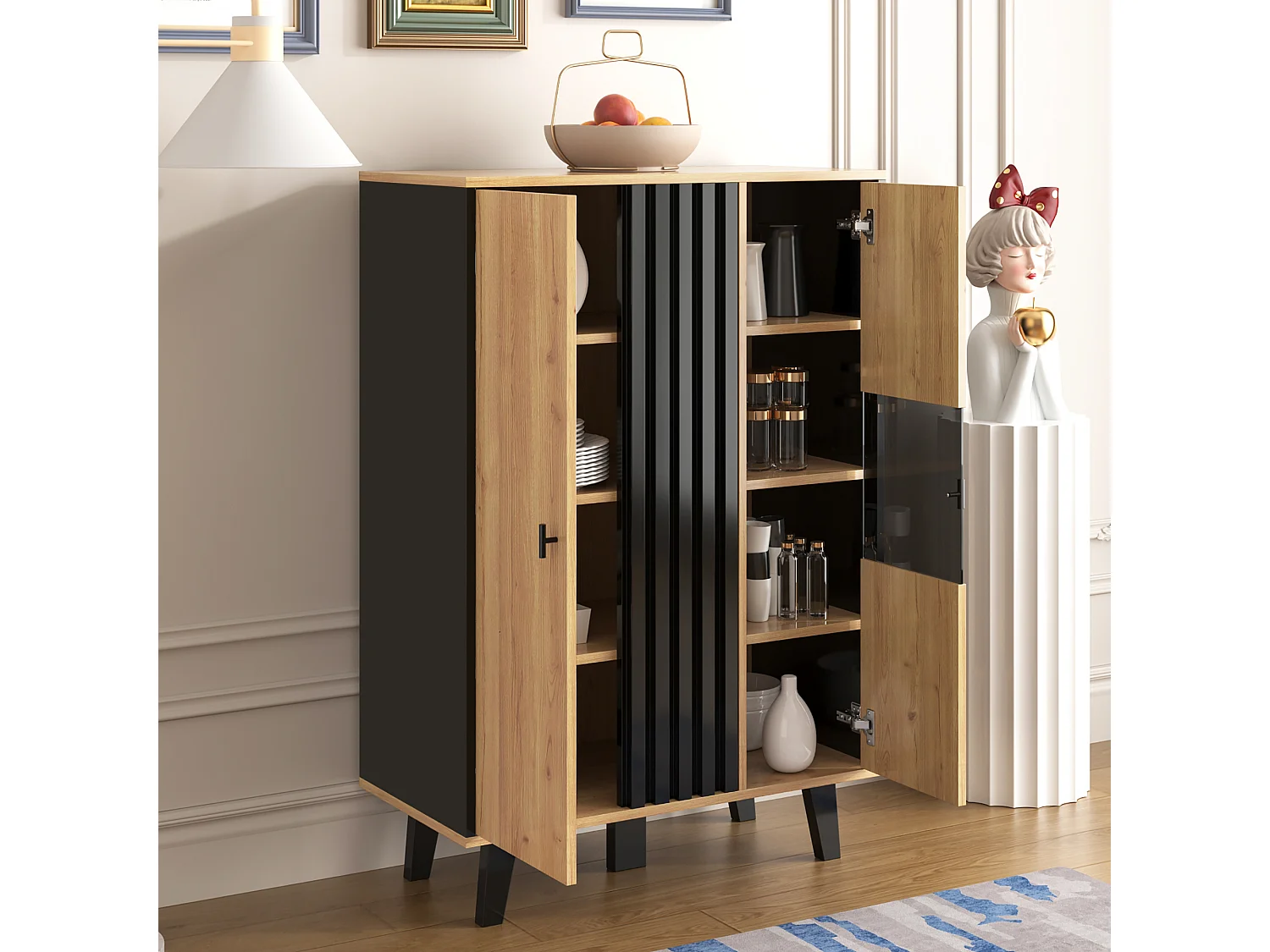 Sideboard mit 2 Türen und 4 Einlegeböden – 80 x 40 x 120 cm – LED-Beleuchtung – Spanplatte – Schwarz gestreiftes Muster – Holzfarbe
