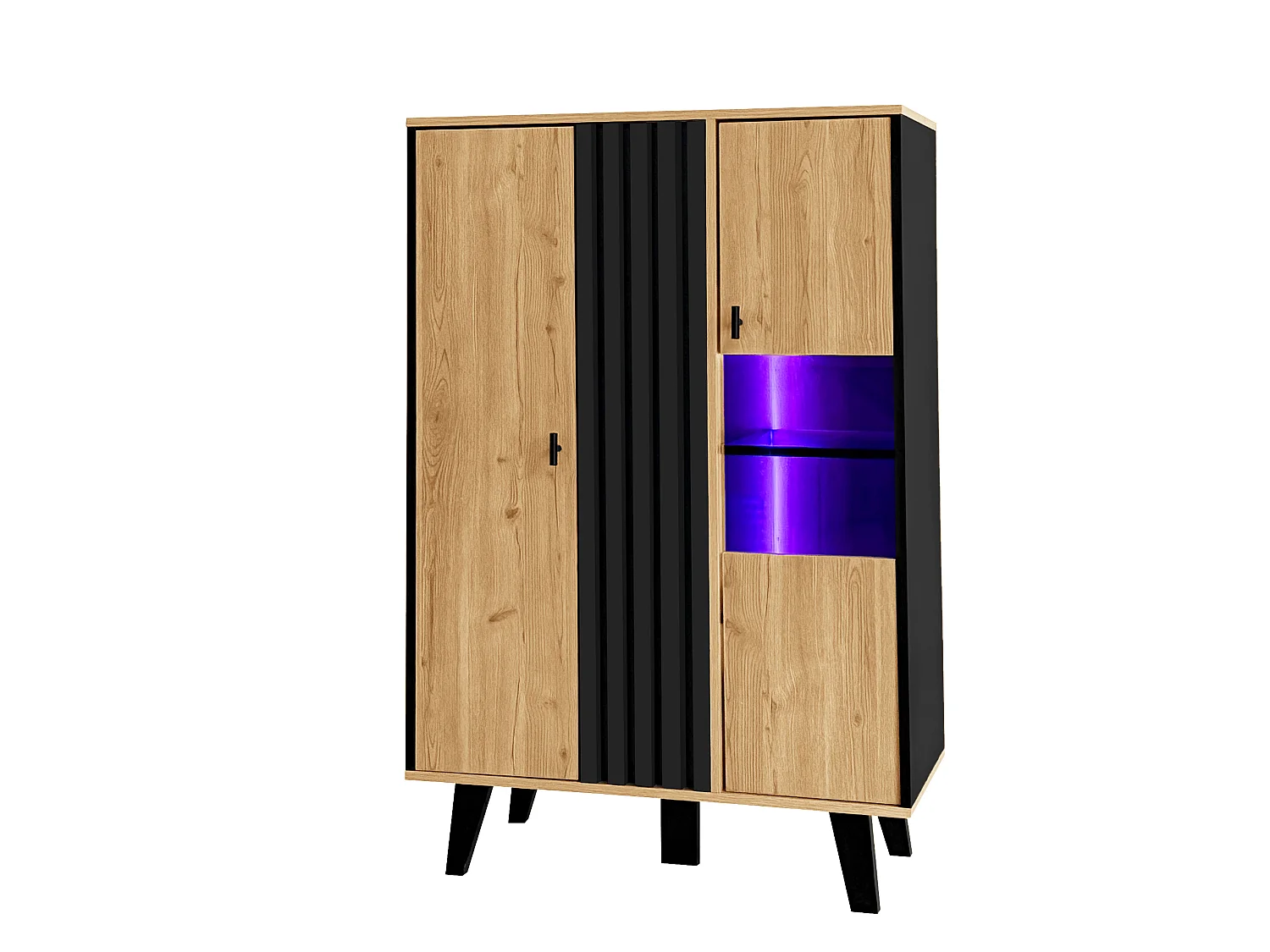 Sideboard mit 2 Türen und 4 Einlegeböden – 80 x 40 x 120 cm – LED-Beleuchtung – Spanplatte – Schwarz gestreiftes Muster – Holzfarbe