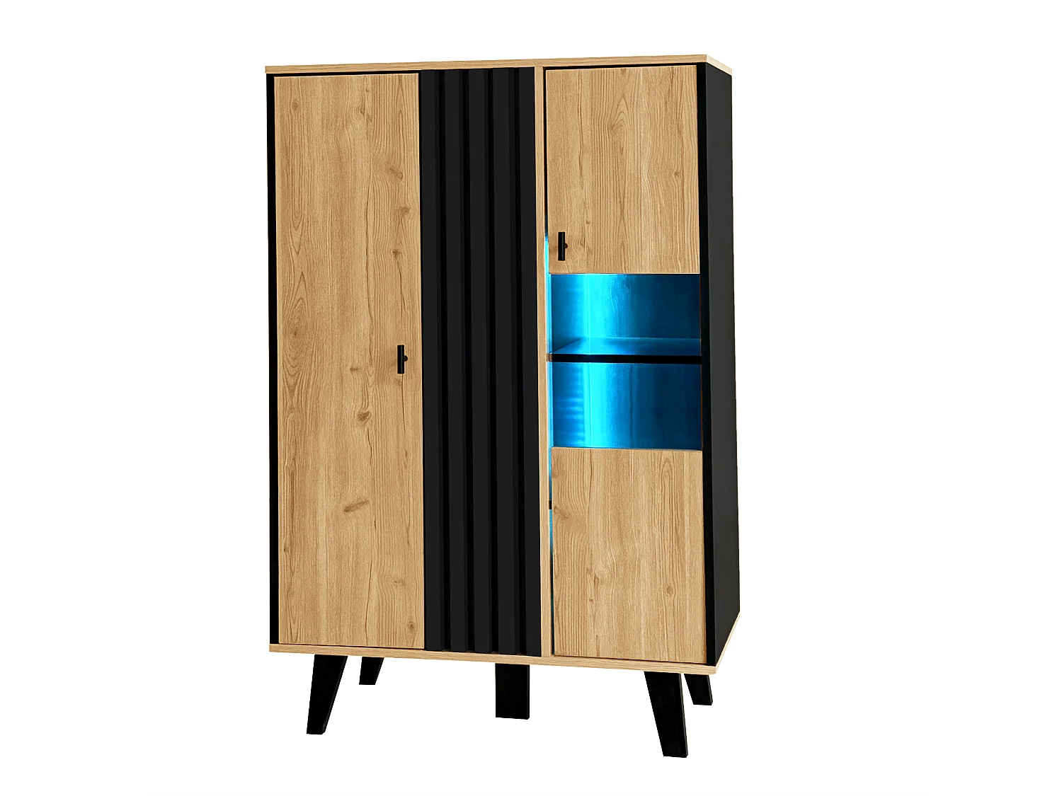 Sideboard mit 2 Türen und 4 Einlegeböden – 80 x 40 x 120 cm – LED-Beleuchtung – Spanplatte – Schwarz gestreiftes Muster – Holzfarbe