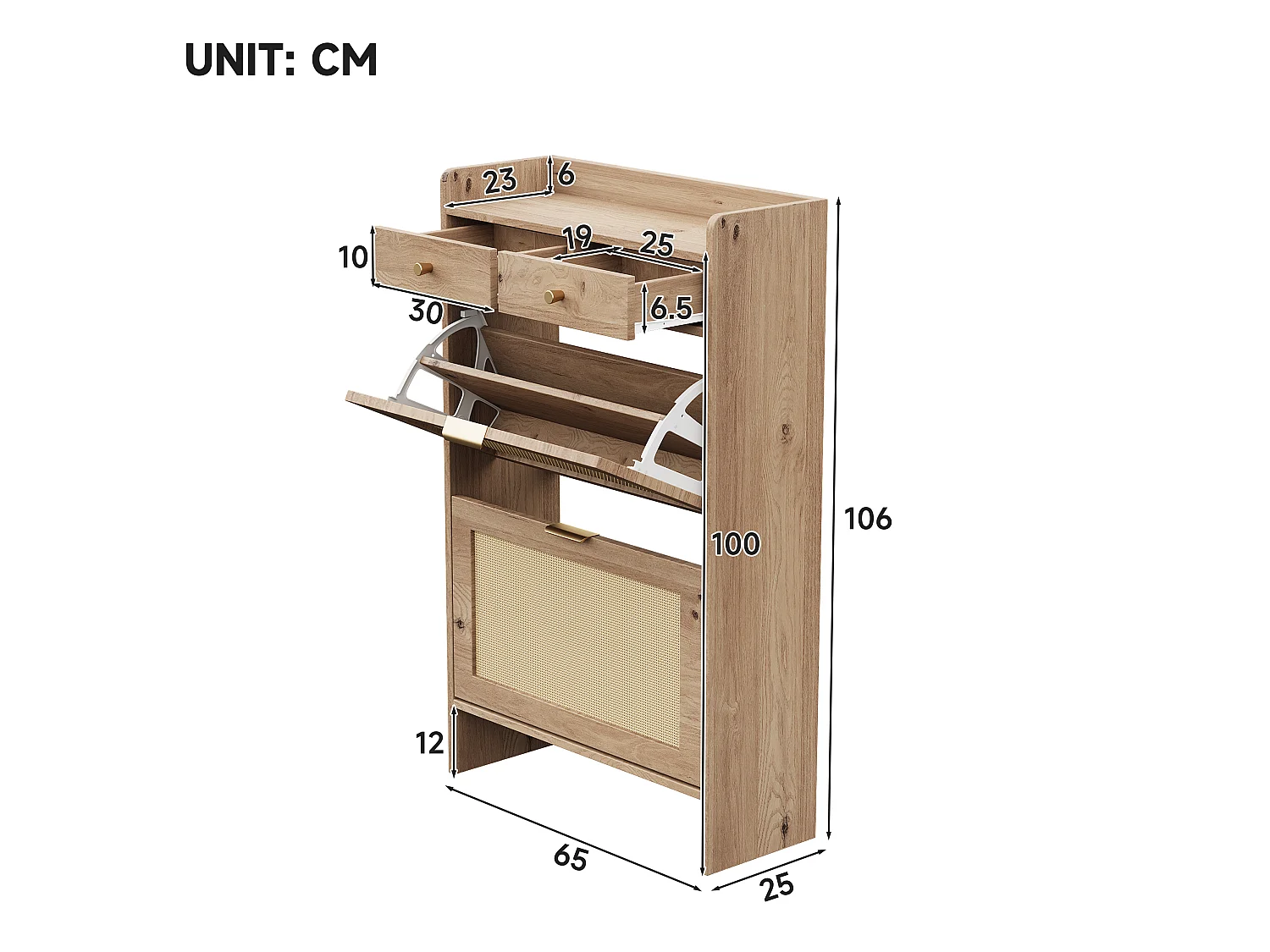 Schuhschrank aus Rattan mit 2 Klapptüren und 2 Schubladen – Spanplatte – 65 x 25 x 106 cm – Naturholz