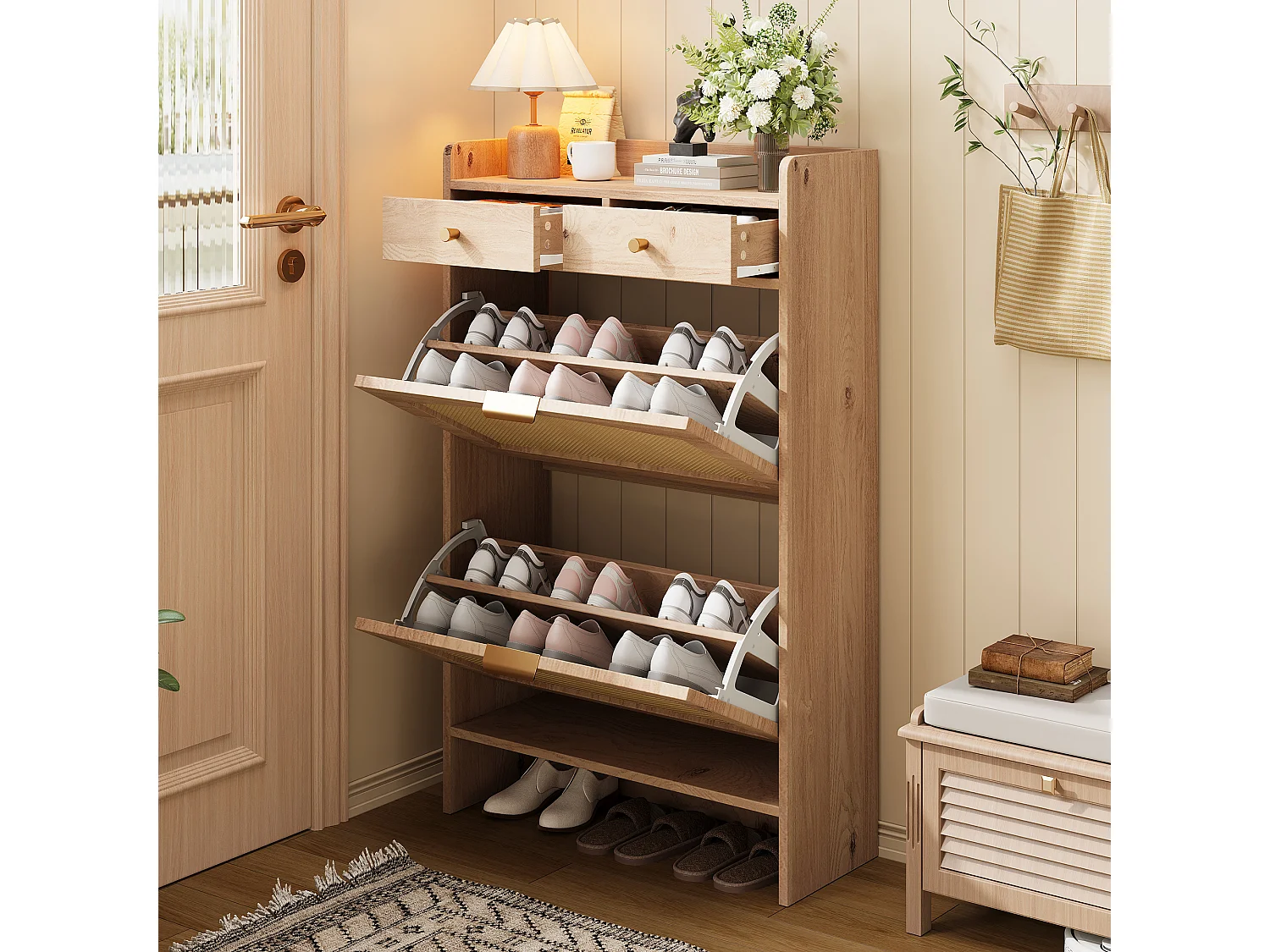 Schuhschrank aus Rattan mit 2 Klapptüren und 2 Schubladen – Spanplatte – 65 x 25 x 106 cm – Naturholz