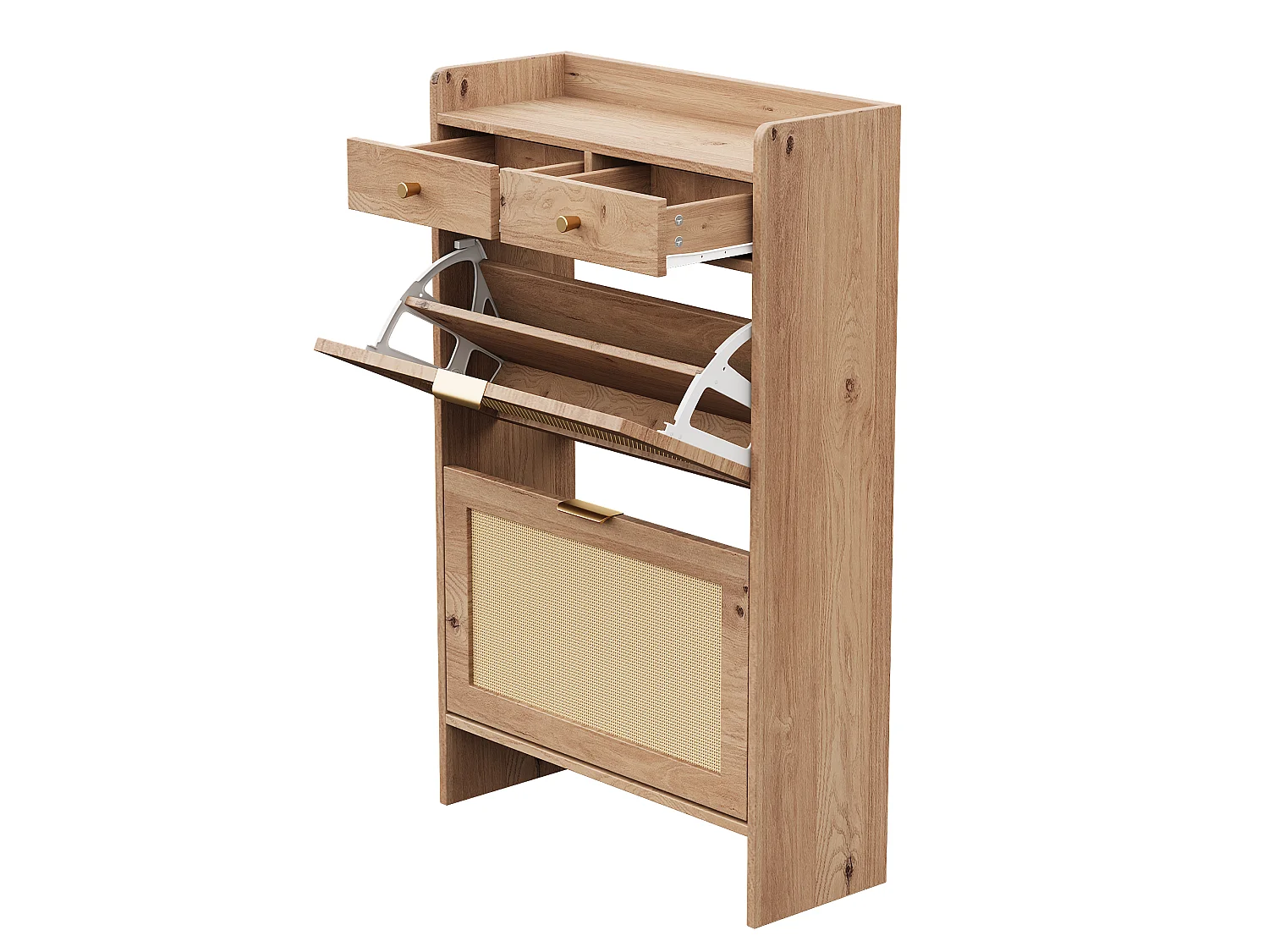 Schuhschrank aus Rattan mit 2 Klapptüren und 2 Schubladen – Spanplatte – 65 x 25 x 106 cm – Naturholz