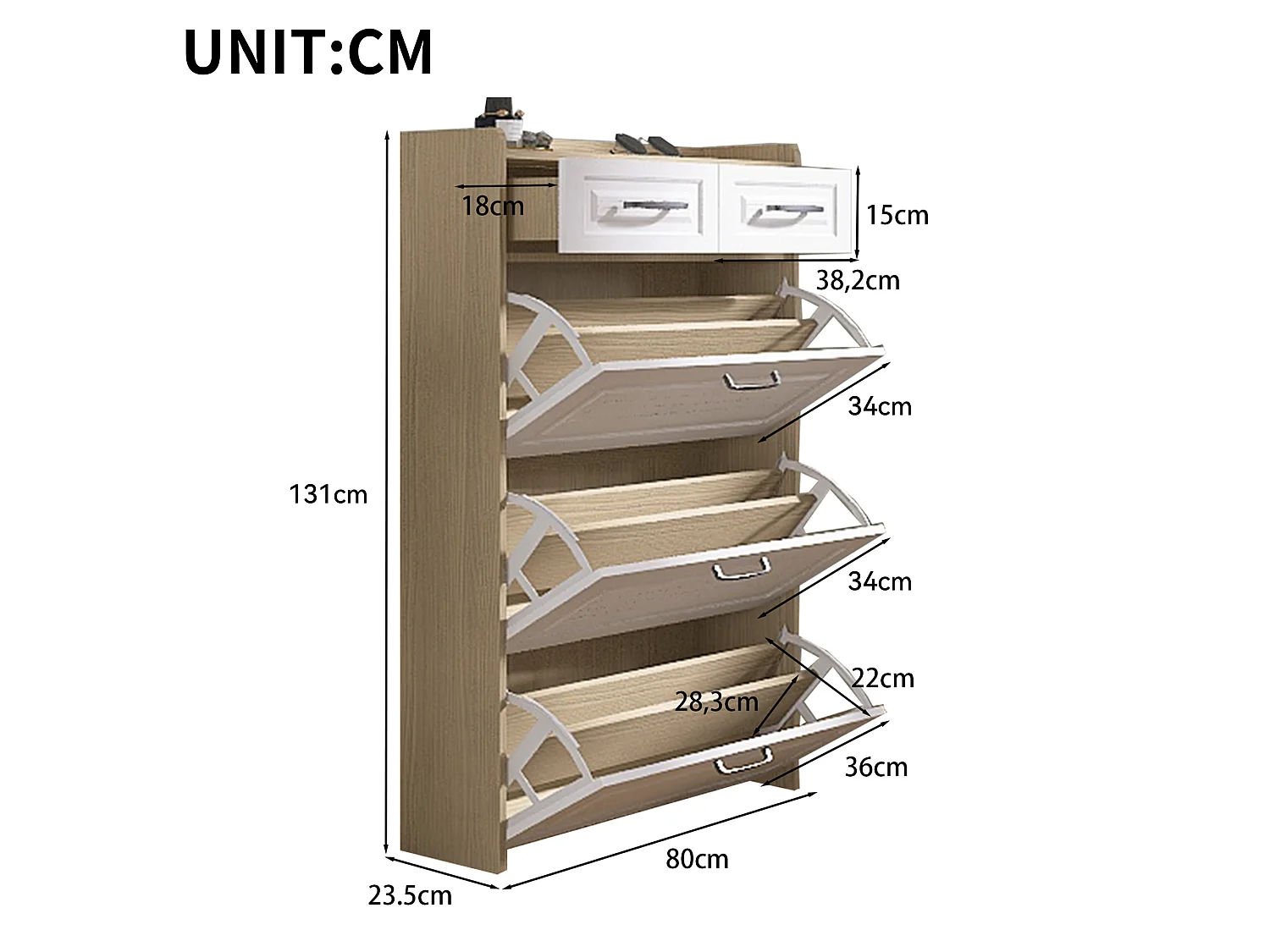 Schuhschrank mit 3 Klapptüren und 2 Schubladen – B 80 x T 23,5 x H 131 cm – Spanplatte – Weiß + Natur