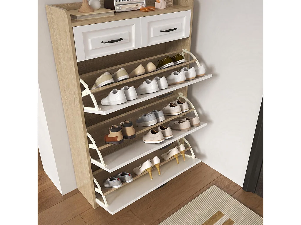 Schuhschrank mit 3 Klapptüren und 2 Schubladen – B 80 x T 23,5 x H 131 cm – Spanplatte – Weiß + Natur