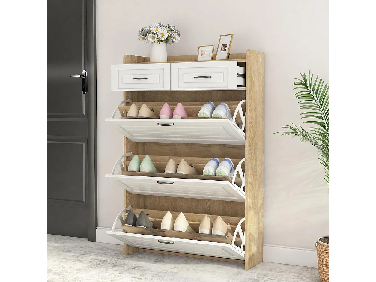 Schuhschrank mit 3 Klapptüren und 2 Schubladen – B 80 x T 23,5 x H 131 cm – Spanplatte – Weiß + Natur