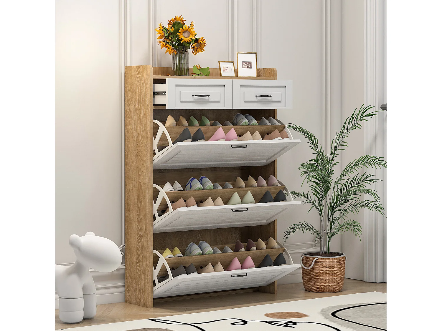 Schuhschrank mit 3 Klapptüren und 2 Schubladen – B 80 x T 23,5 x H 131 cm – Spanplatte – Weiß + Natur