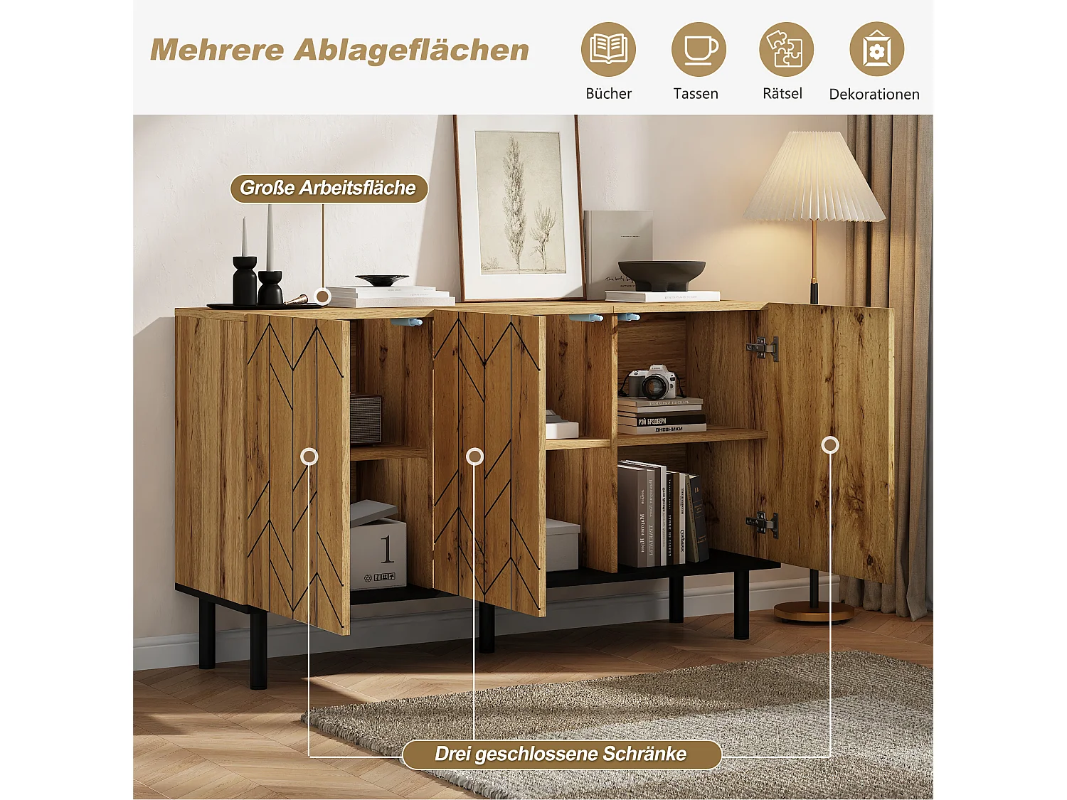 Sideboard mit 3 Türen, geschwungener Front und Metallbeinen – Spanplatte – 120 x 35 x 70 cm – Schwarz + Holzoptik