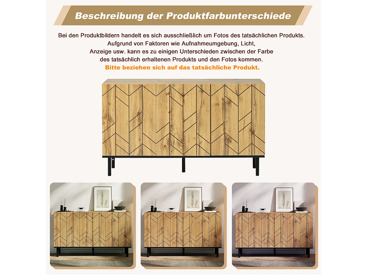 Sideboard mit 3 Türen, geschwungener Front und Metallbeinen – Spanplatte – 120 x 35 x 70 cm – Schwarz + Holzoptik