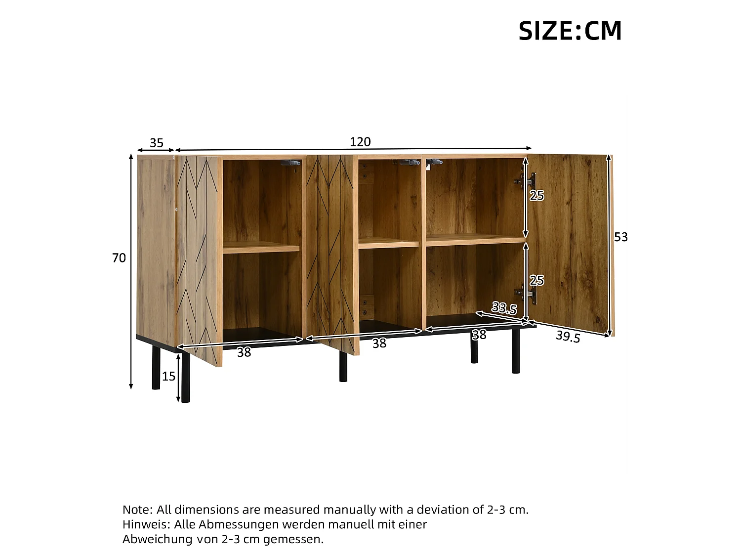 Sideboard mit 3 Türen, geschwungener Front und Metallbeinen – Spanplatte – 120 x 35 x 70 cm – Schwarz + Holzoptik