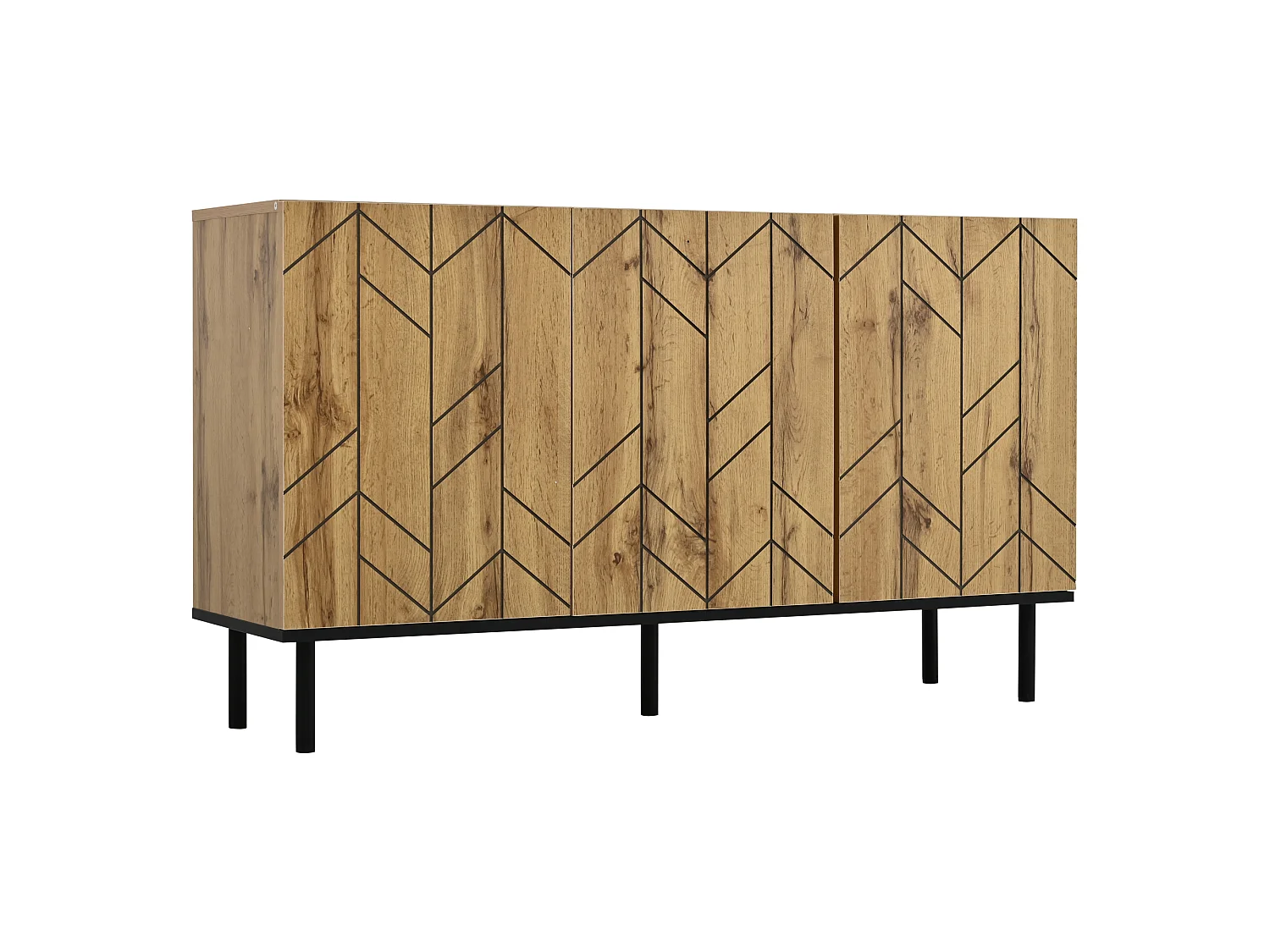 Sideboard mit 3 Türen, geschwungener Front und Metallbeinen – Spanplatte – 120 x 35 x 70 cm – Schwarz + Holzoptik