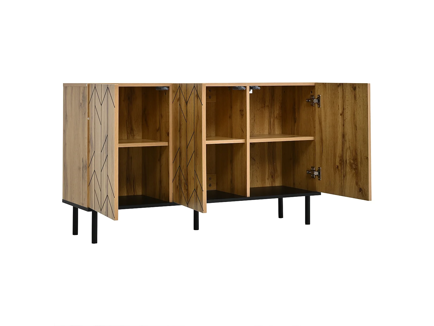 Sideboard mit 3 Türen, geschwungener Front und Metallbeinen – Spanplatte – 120 x 35 x 70 cm – Schwarz + Holzoptik
