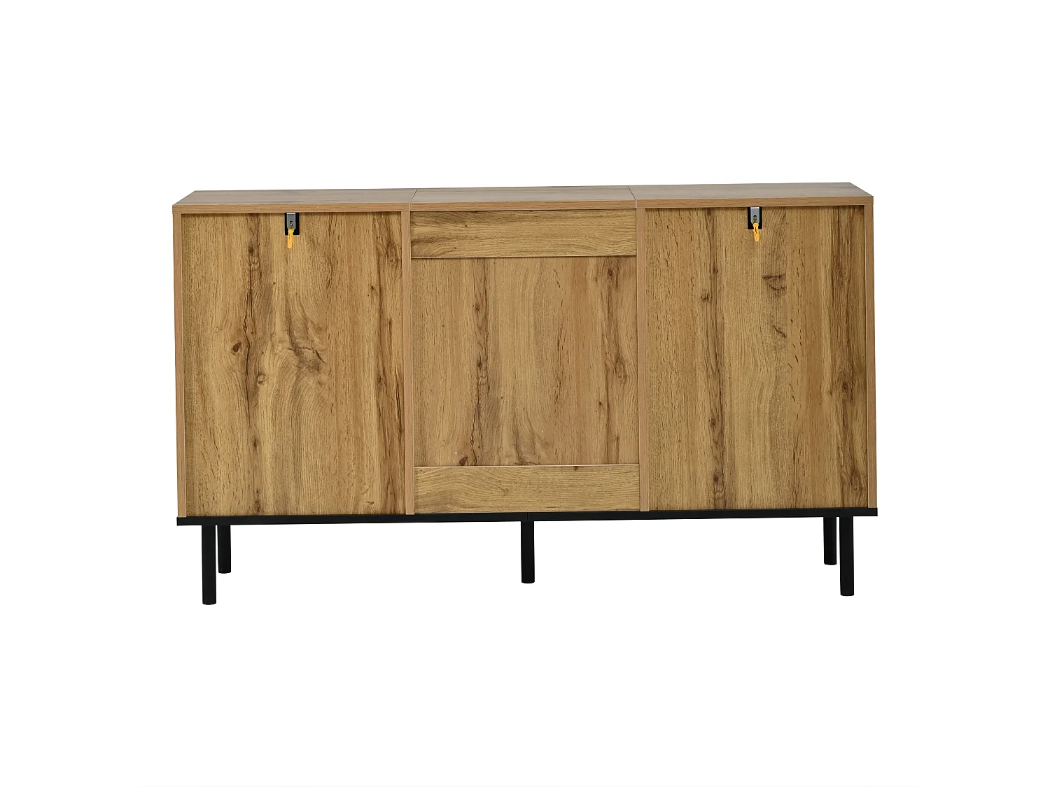 Sideboard mit 3 Türen, geschwungener Front und Metallbeinen – Spanplatte – 120 x 35 x 70 cm – Schwarz + Holzoptik