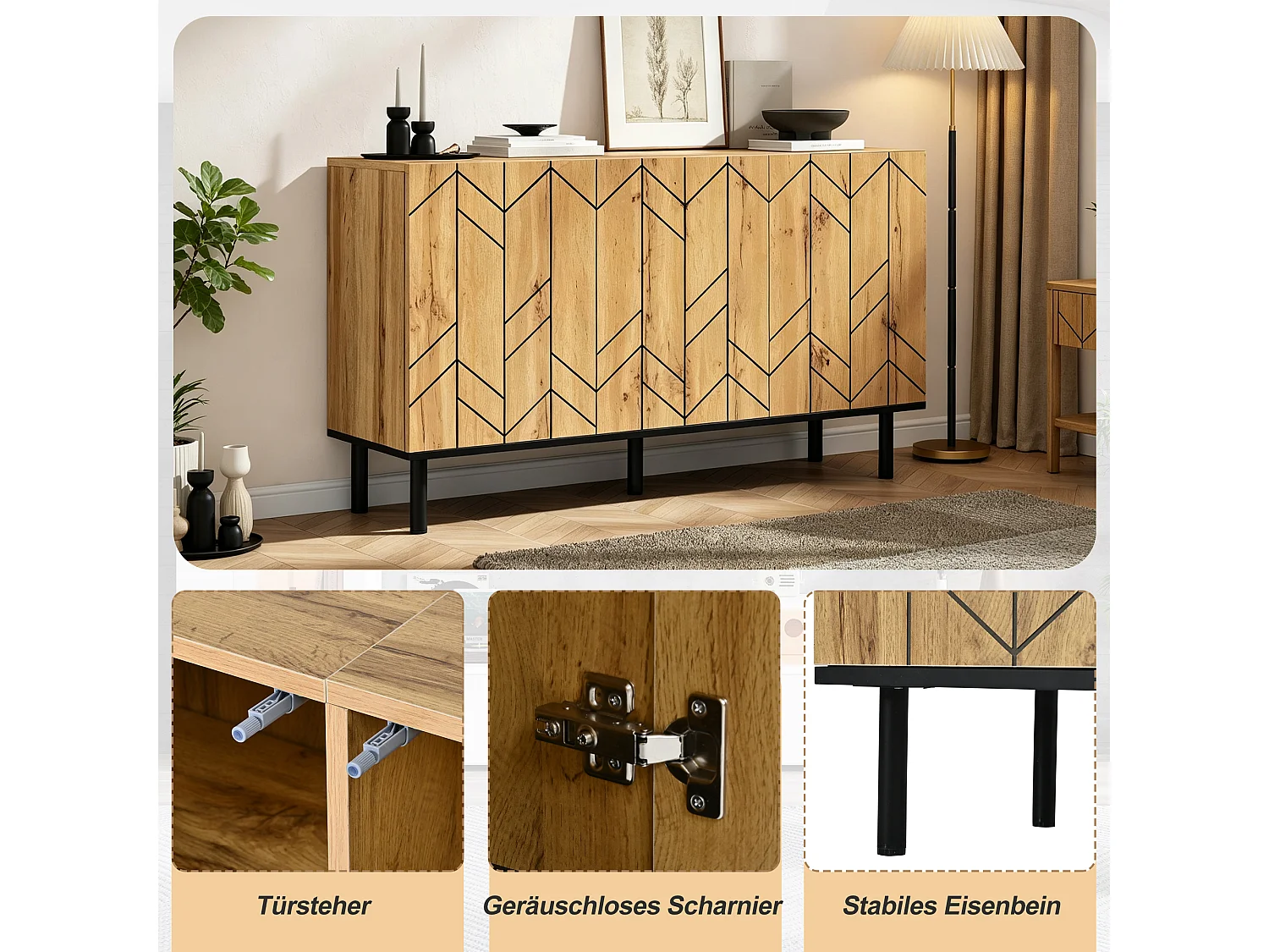 Sideboard mit 3 Türen, geschwungener Front und Metallbeinen – Spanplatte – 120 x 35 x 70 cm – Schwarz + Holzoptik