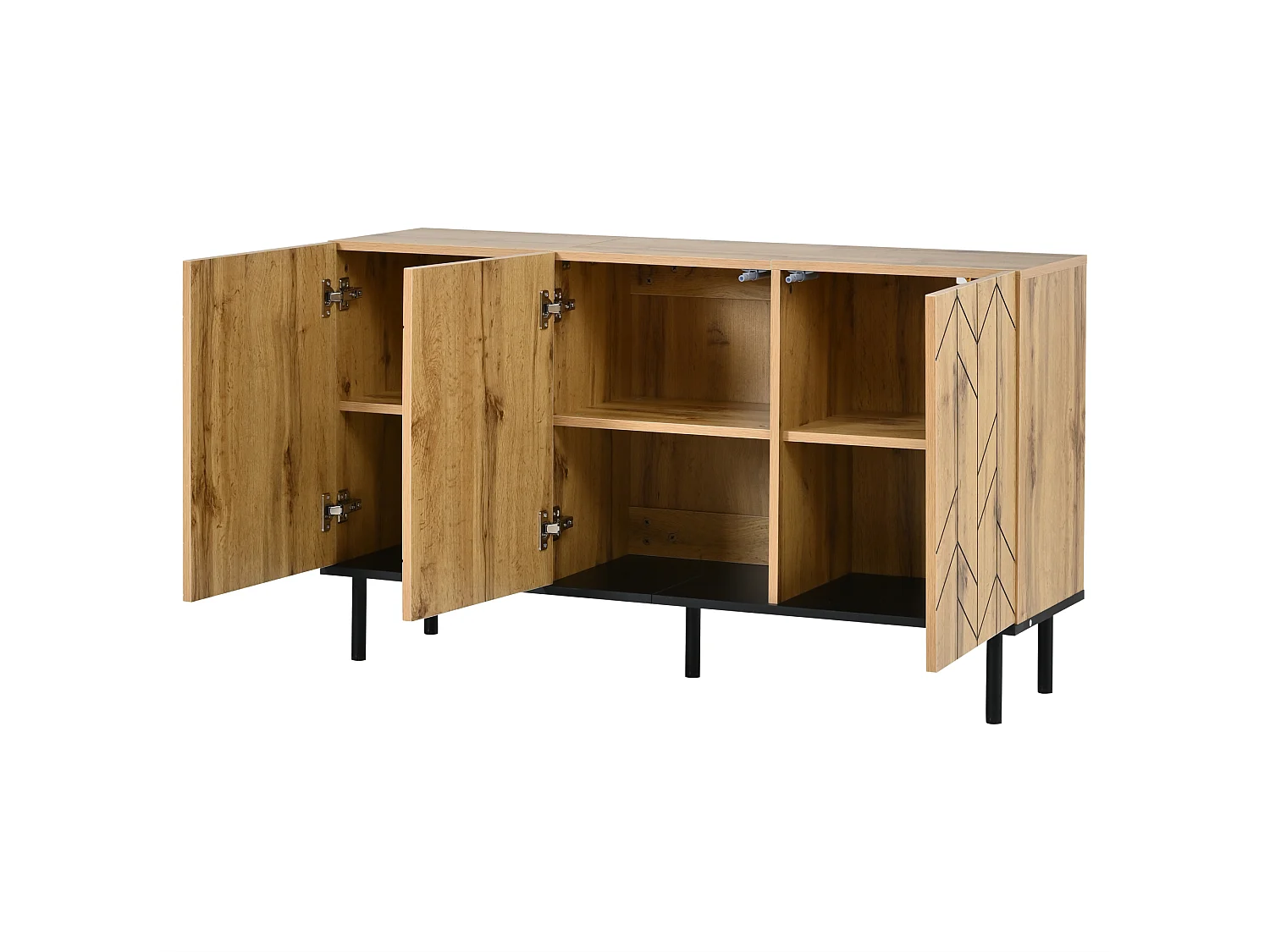 Sideboard mit 3 Türen, geschwungener Front und Metallbeinen – Spanplatte – 120 x 35 x 70 cm – Schwarz + Holzoptik