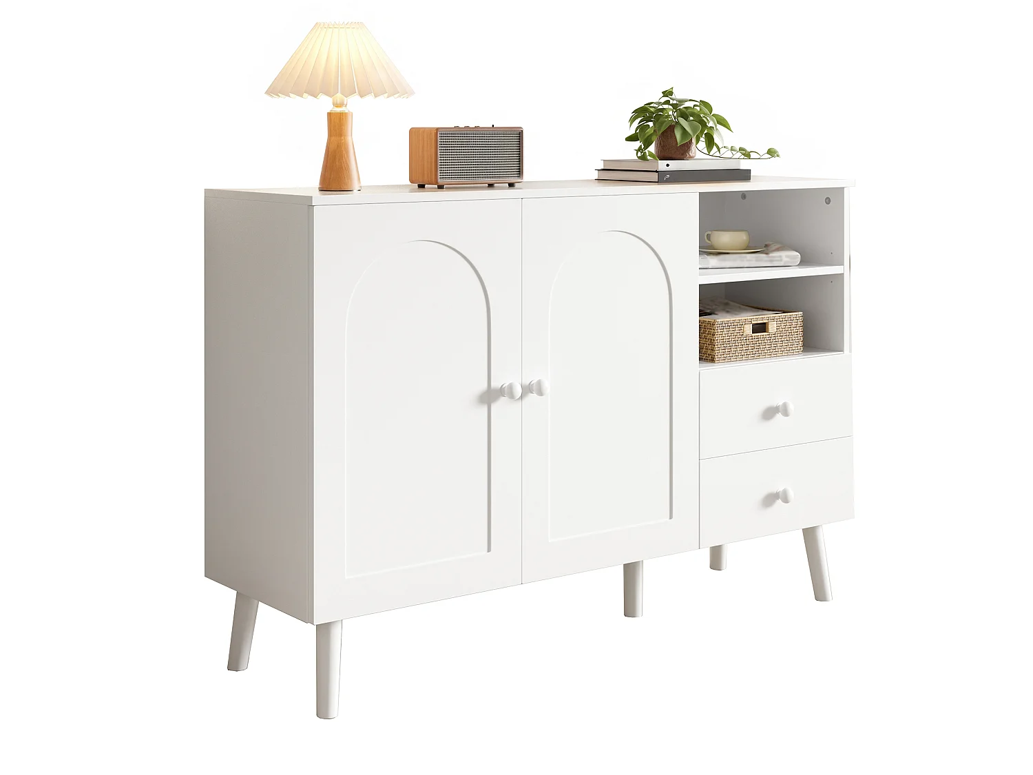 Sideboard mit 2 Türen, 2 Schubladen und offenen Fächern – 118 x 35 x 82 cm – Spanplatte und MDF – Weiß