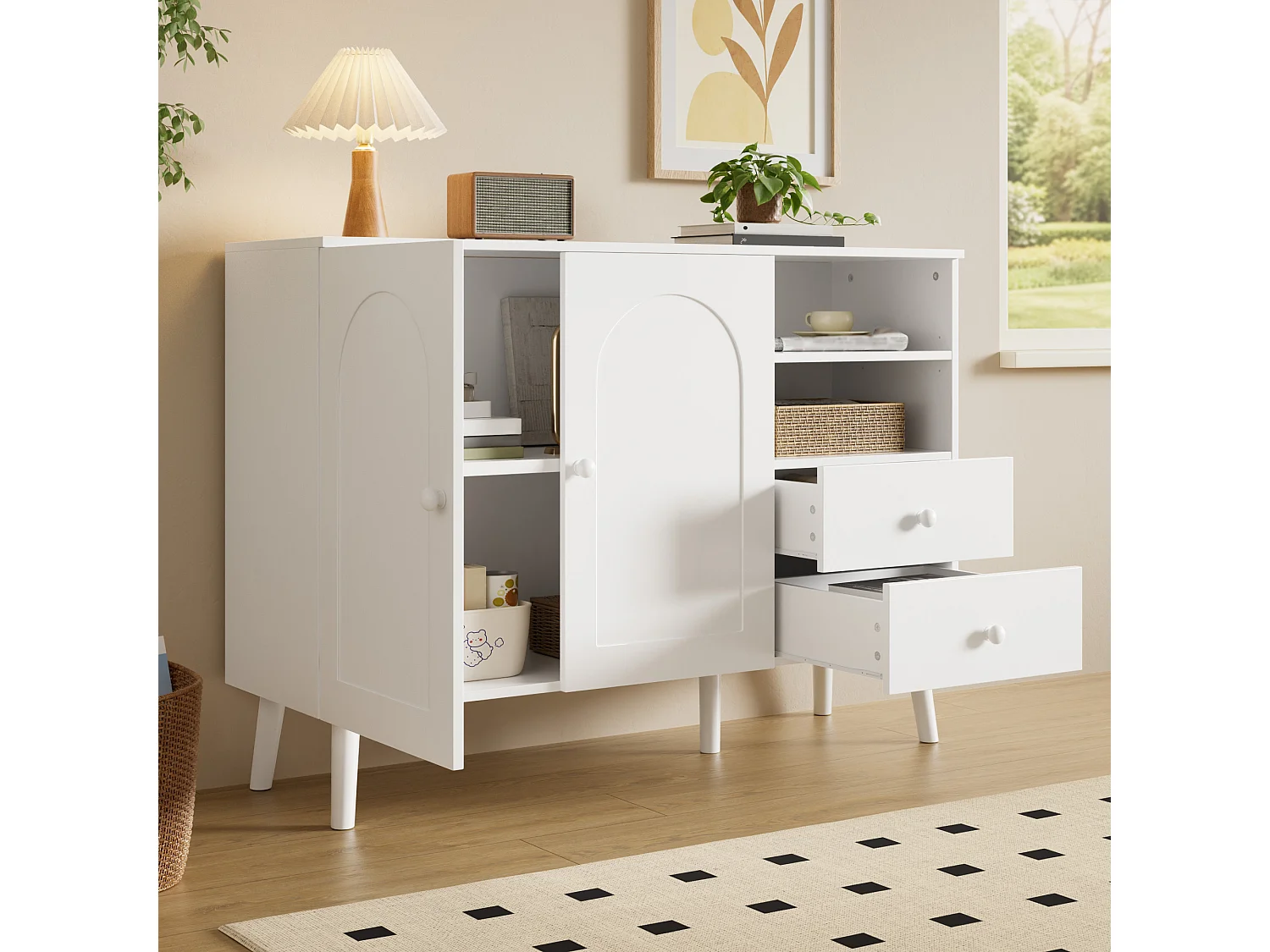 Sideboard mit 2 Türen, 2 Schubladen und offenen Fächern – 118 x 35 x 82 cm – Spanplatte und MDF – Weiß
