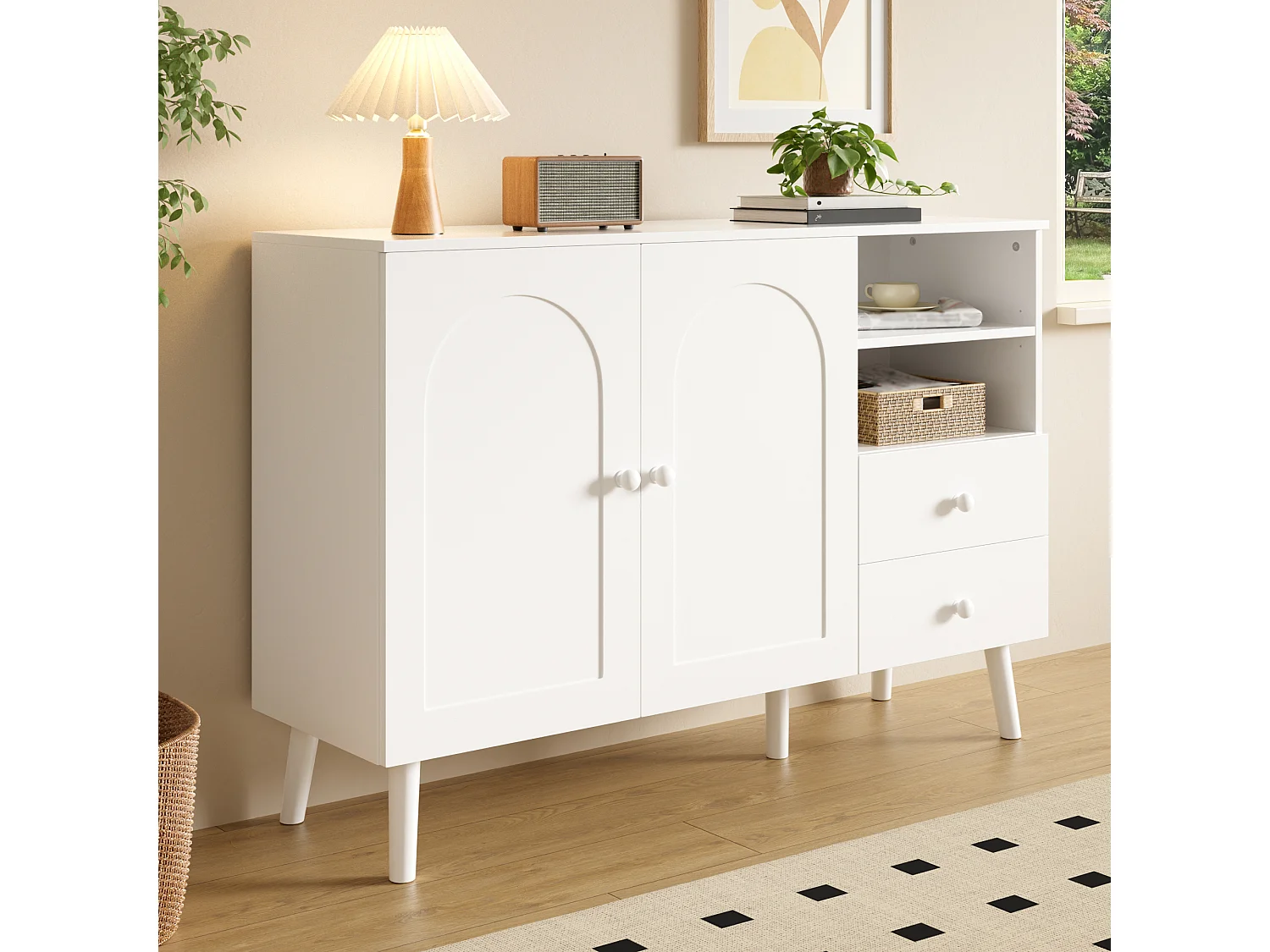 Sideboard mit 2 Türen, 2 Schubladen und offenen Fächern – 118 x 35 x 82 cm – Spanplatte und MDF – Weiß