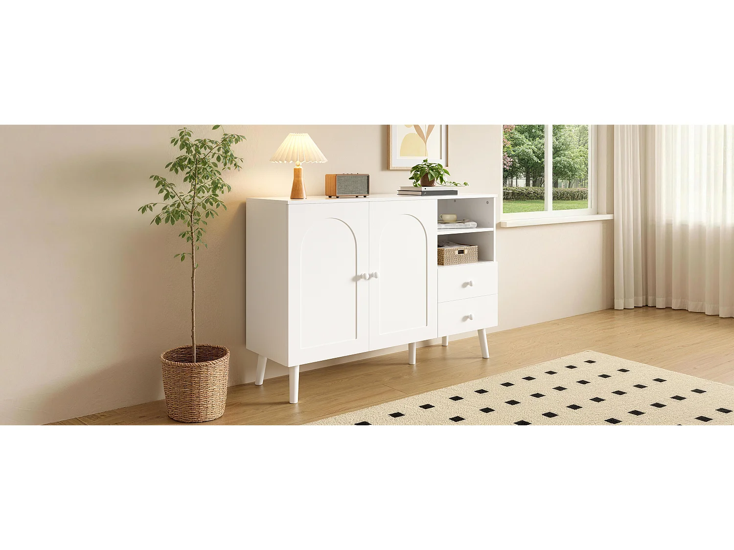 Sideboard mit 2 Türen, 2 Schubladen und offenen Fächern – 118 x 35 x 82 cm – Spanplatte und MDF – Weiß