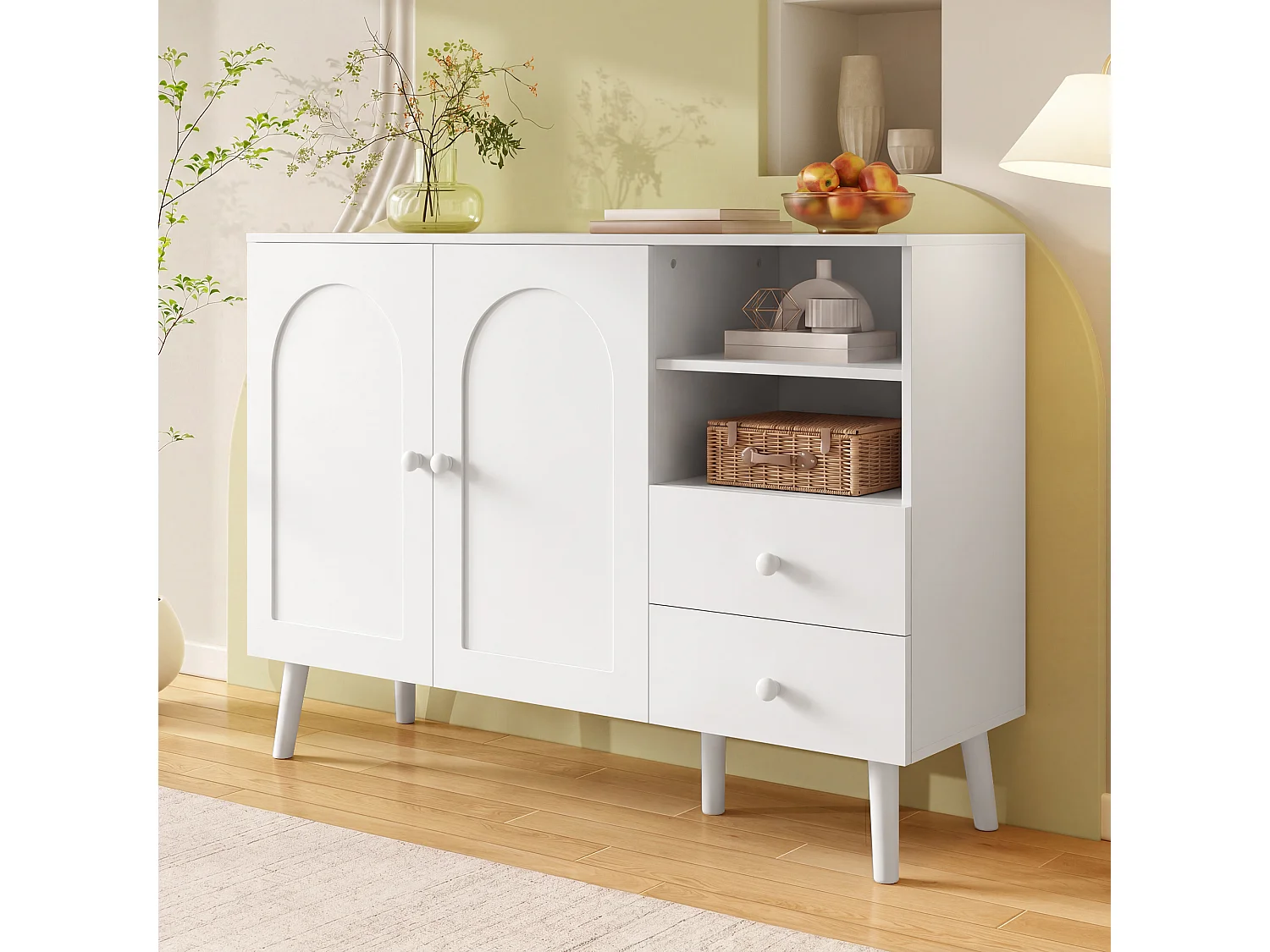 Sideboard mit 2 Türen, 2 Schubladen und offenen Fächern – 118 x 35 x 82 cm – Spanplatte und MDF – Weiß