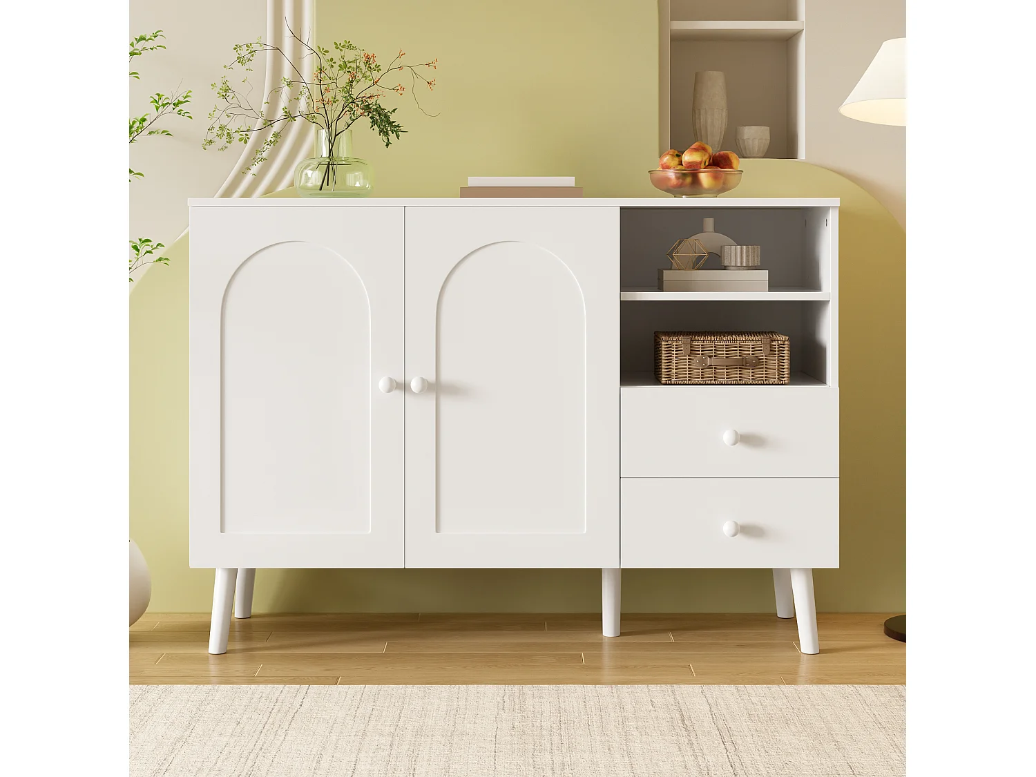 Sideboard mit 2 Türen, 2 Schubladen und offenen Fächern – 118 x 35 x 82 cm – Spanplatte und MDF – Weiß