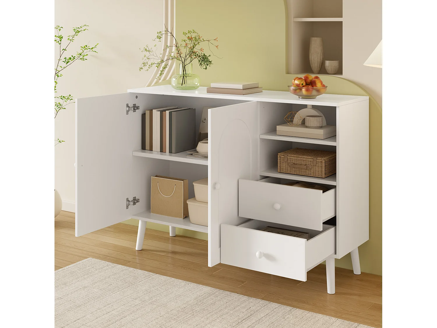 Sideboard mit 2 Türen, 2 Schubladen und offenen Fächern – 118 x 35 x 82 cm – Spanplatte und MDF – Weiß