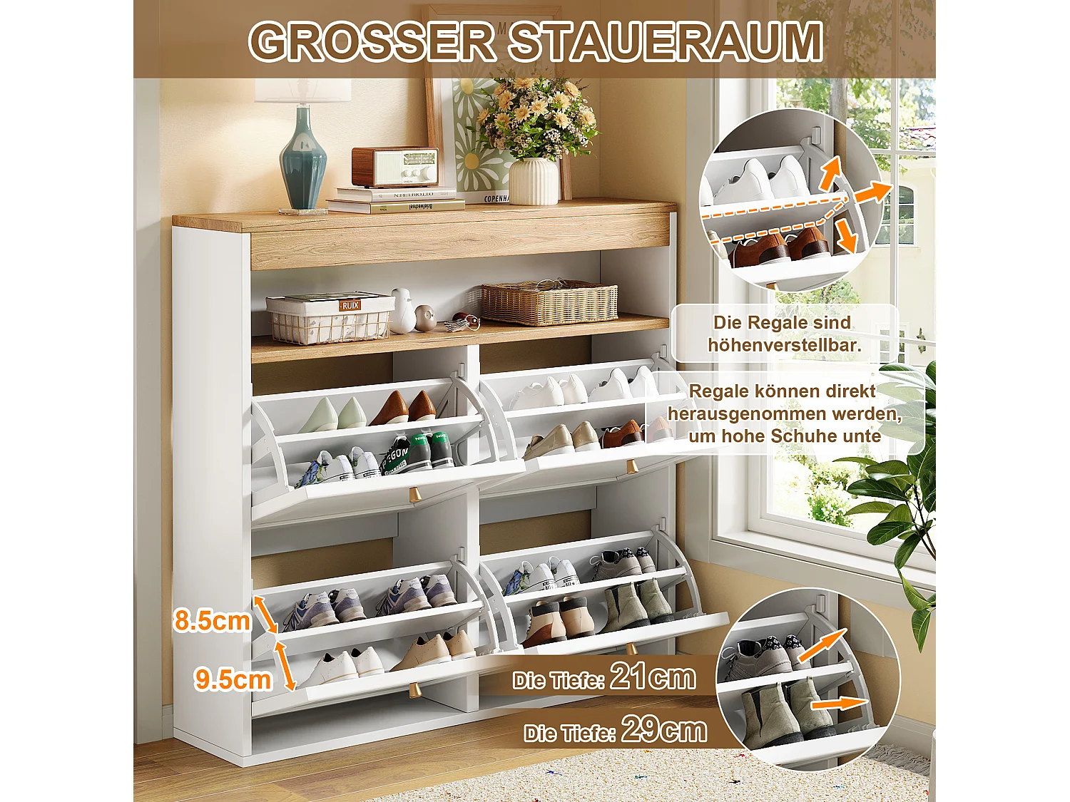 Skoskab med 4 døre, justerbare hylder og åben niche – Spånplade – 105 x 25 x 100 cm – Hvid og naturlig