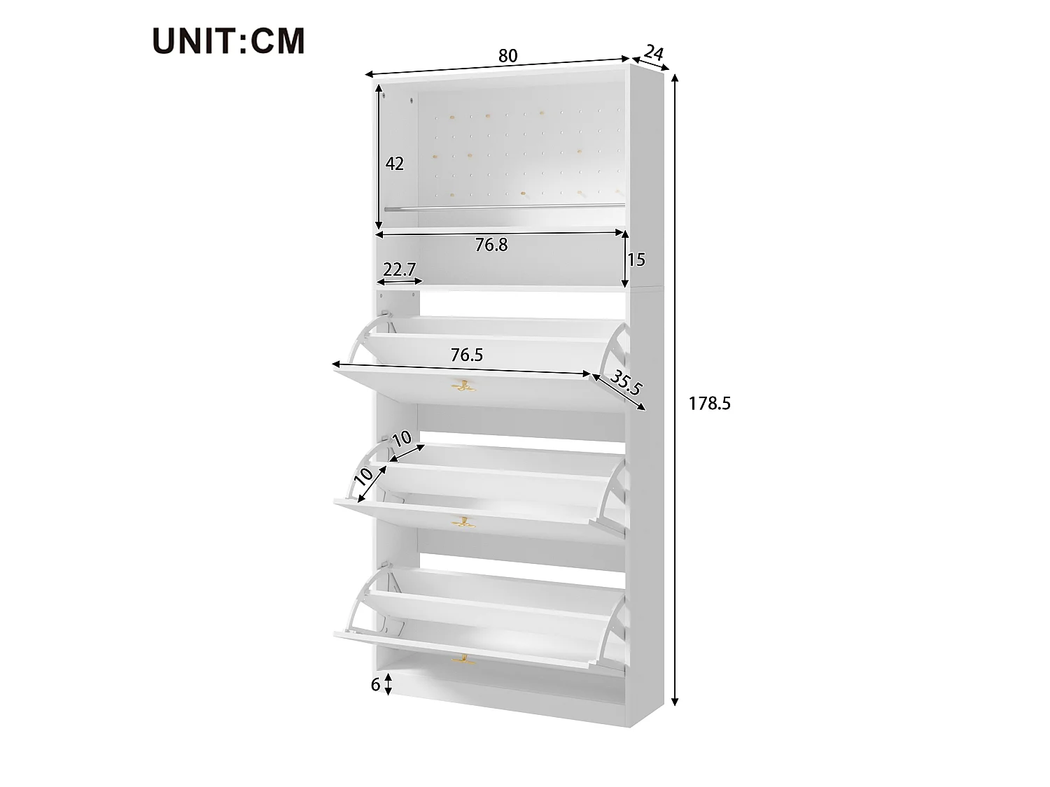 Schmaler Schuhschrank mit 3 Klapptüren und 2 offenen Regalböden – Spanplatte – 80 x 24 x 178,5 cm – Weiß