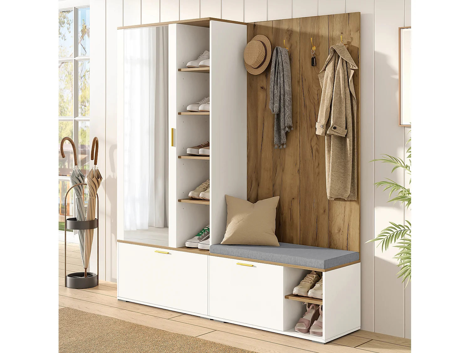 Meuble à chaussures avec miroir, banc, 3 portes et 4 patères - Panneaux de particules - 160 x 38 x 180 cm - Blanc et bois