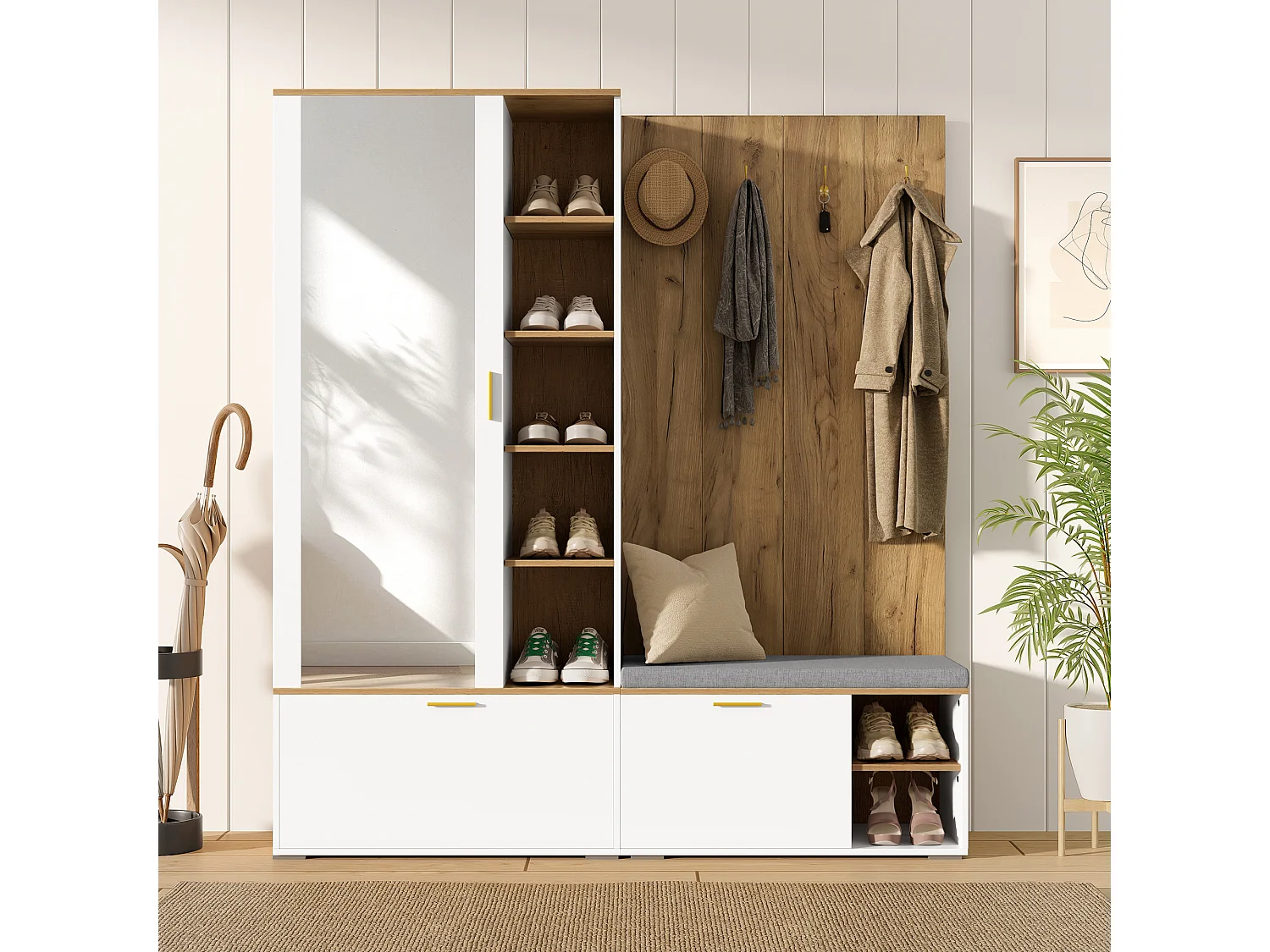 Meuble à chaussures avec miroir, banc, 3 portes et 4 patères - Panneaux de particules - 160 x 38 x 180 cm - Blanc et bois
