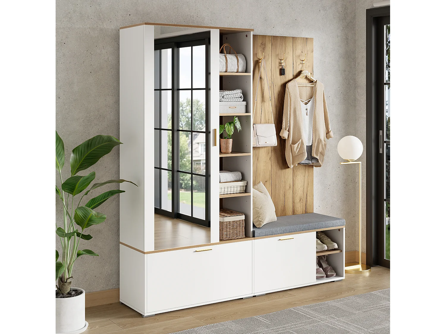 Meuble à chaussures avec miroir, banc, 3 portes et 4 patères - Panneaux de particules - 160 x 38 x 180 cm - Blanc et bois