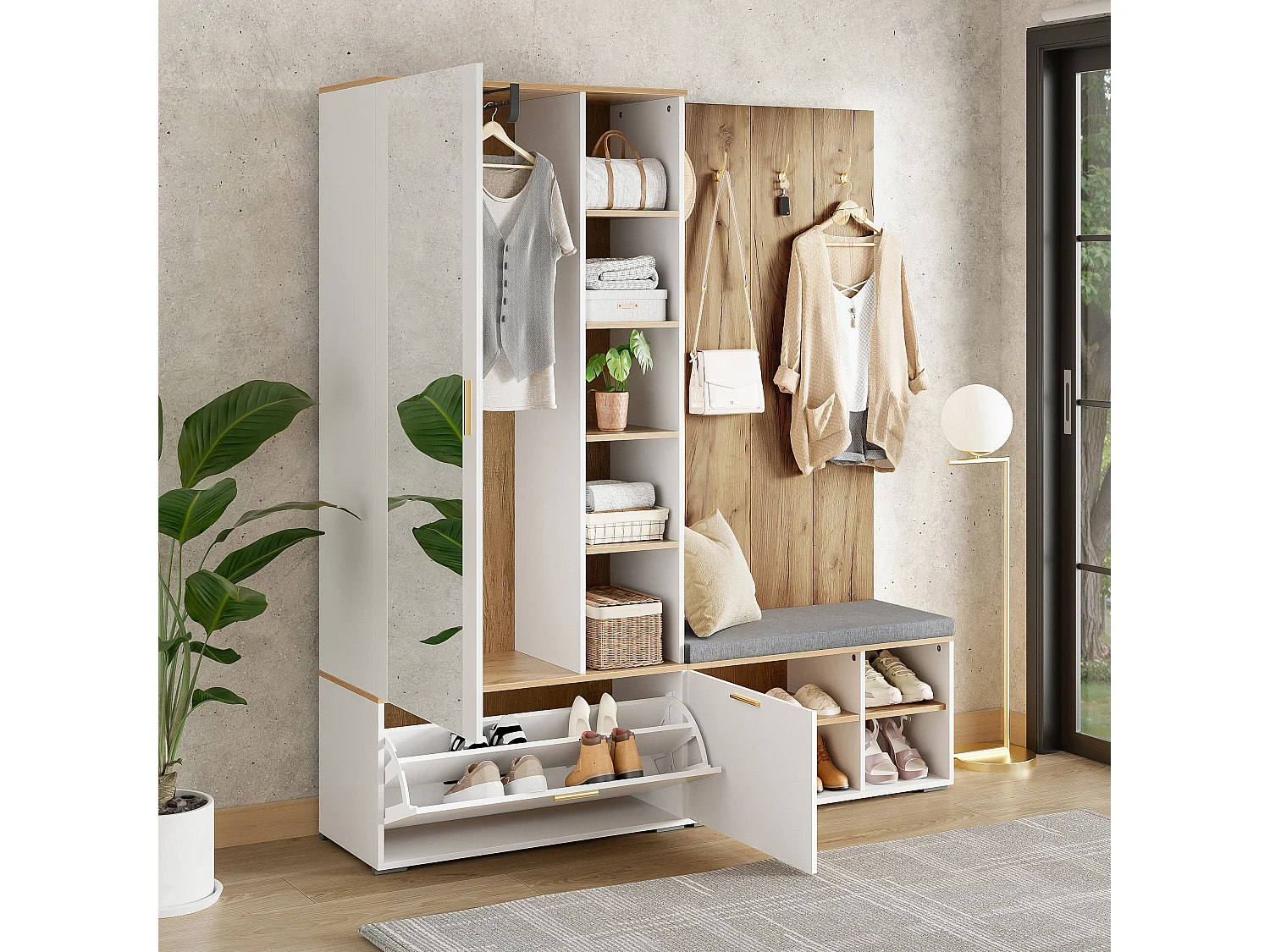 Meuble à chaussures avec miroir, banc, 3 portes et 4 patères - Panneaux de particules - 160 x 38 x 180 cm - Blanc et bois