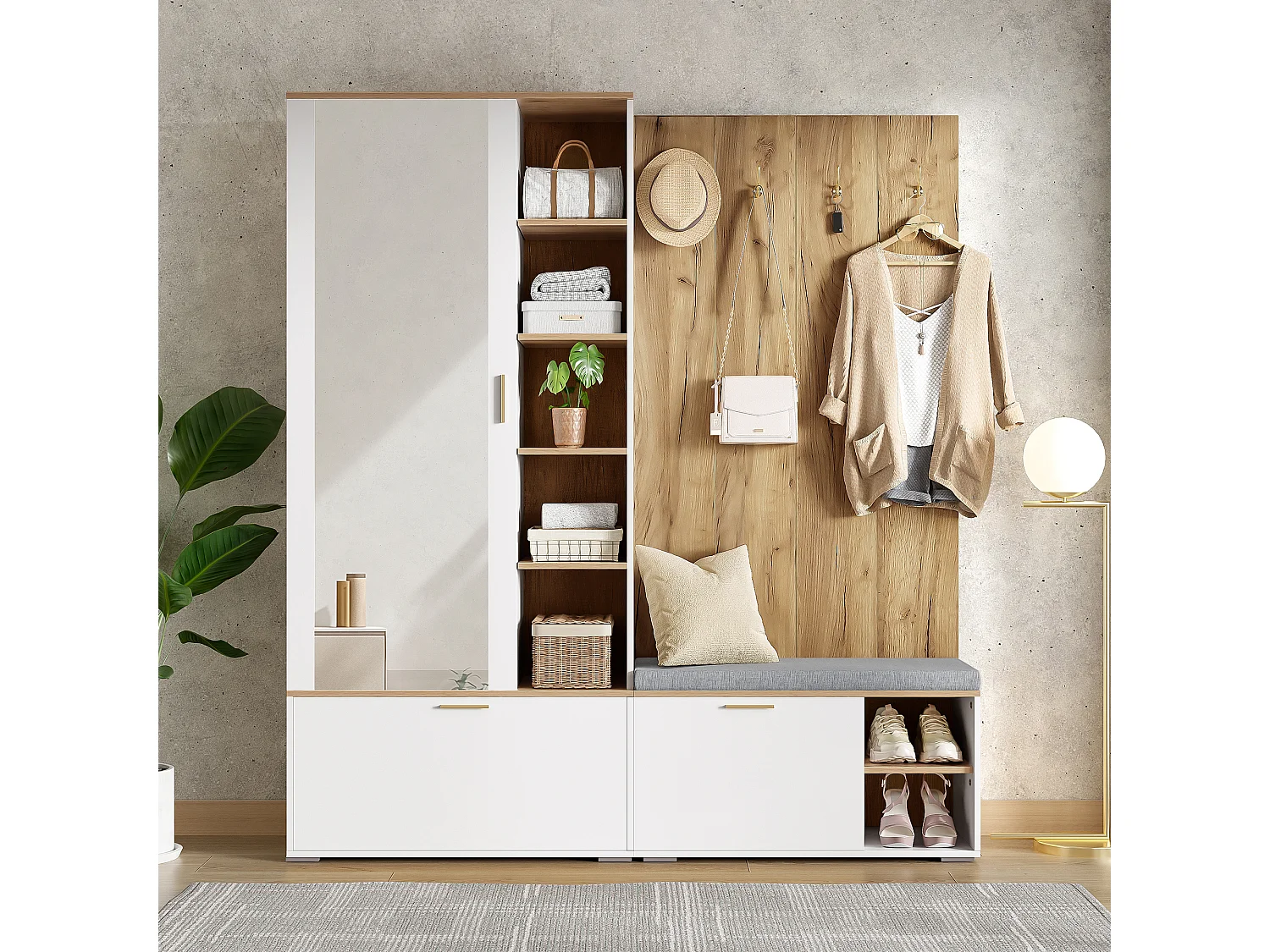Meuble à chaussures avec miroir, banc, 3 portes et 4 patères - Panneaux de particules - 160 x 38 x 180 cm - Blanc et bois