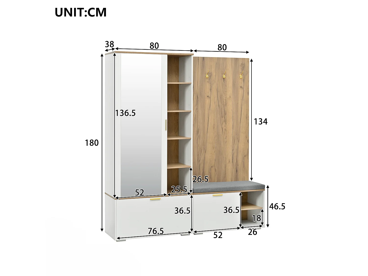 Meuble à chaussures avec miroir, banc, 3 portes et 4 patères - Panneaux de particules - 160 x 38 x 180 cm - Blanc et bois