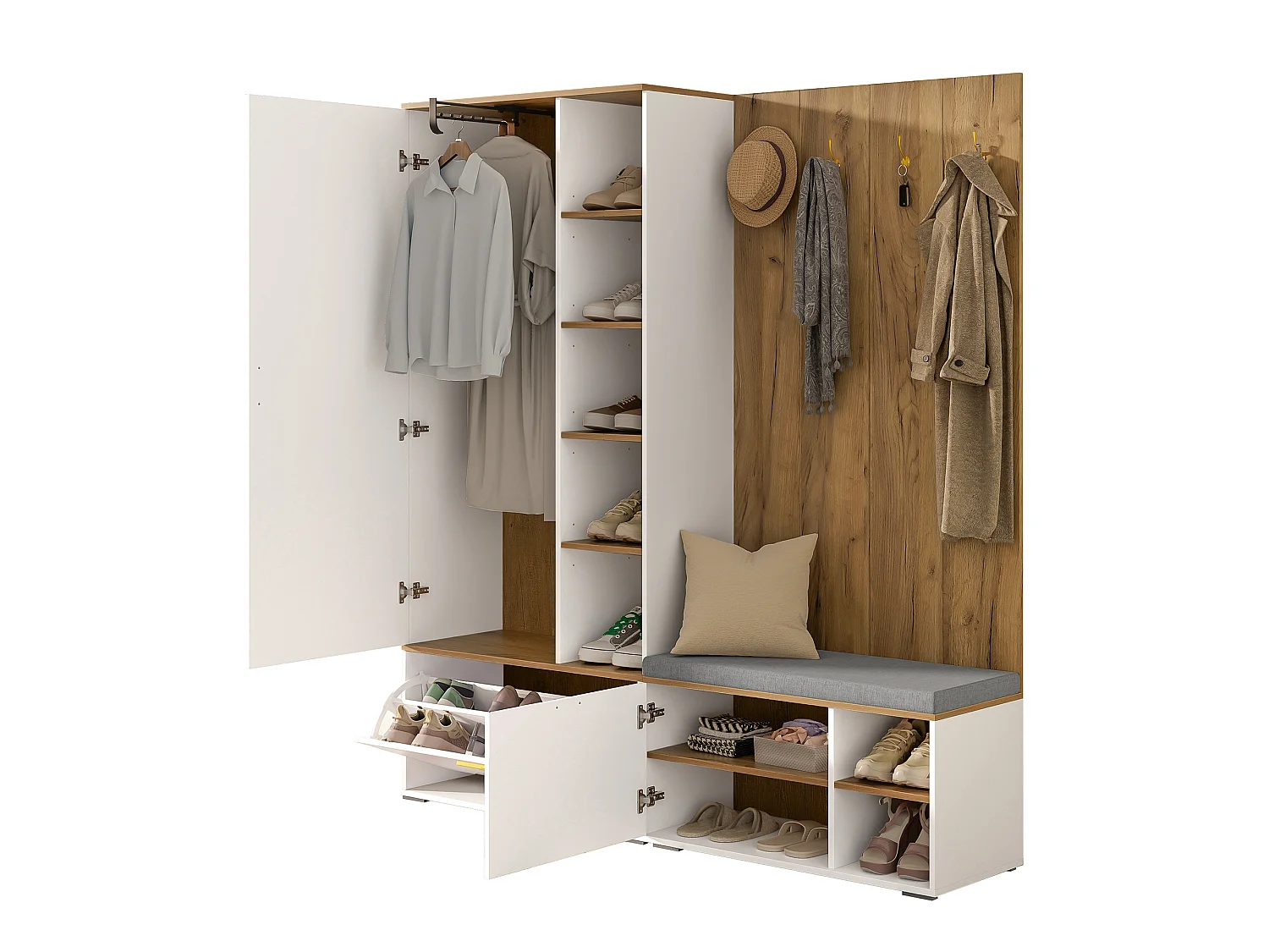 Meuble à chaussures avec miroir, banc, 3 portes et 4 patères - Panneaux de particules - 160 x 38 x 180 cm - Blanc et bois