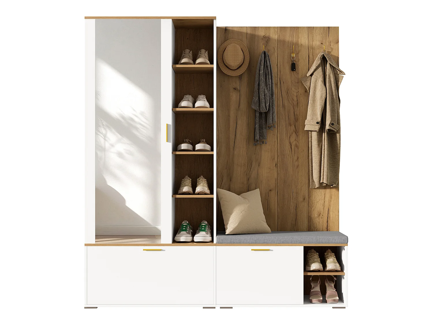 Meuble à chaussures avec miroir, banc, 3 portes et 4 patères - Panneaux de particules - 160 x 38 x 180 cm - Blanc et bois