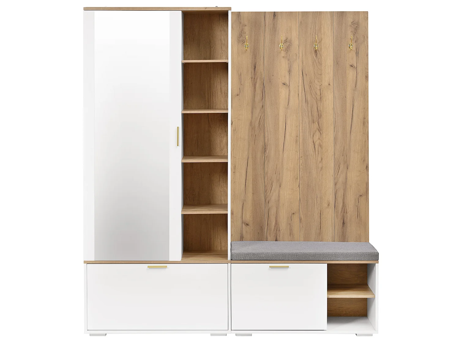 Meuble à chaussures avec miroir, banc, 3 portes et 4 patères - Panneaux de particules - 160 x 38 x 180 cm - Blanc et bois