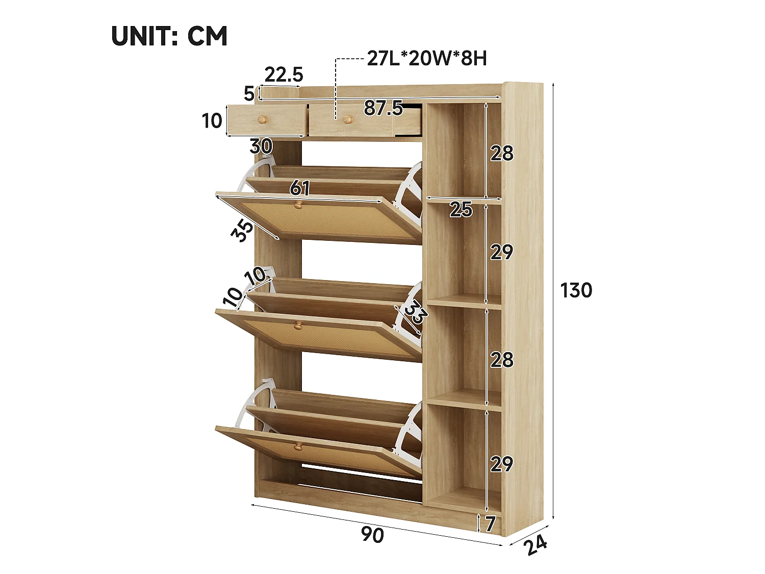 Schuhschrank aus Rattan mit 2 Klapptüren, 2 Schubladen und Regalböden – Spanplatte – 90 x 24 x 103 cm – Naturholz