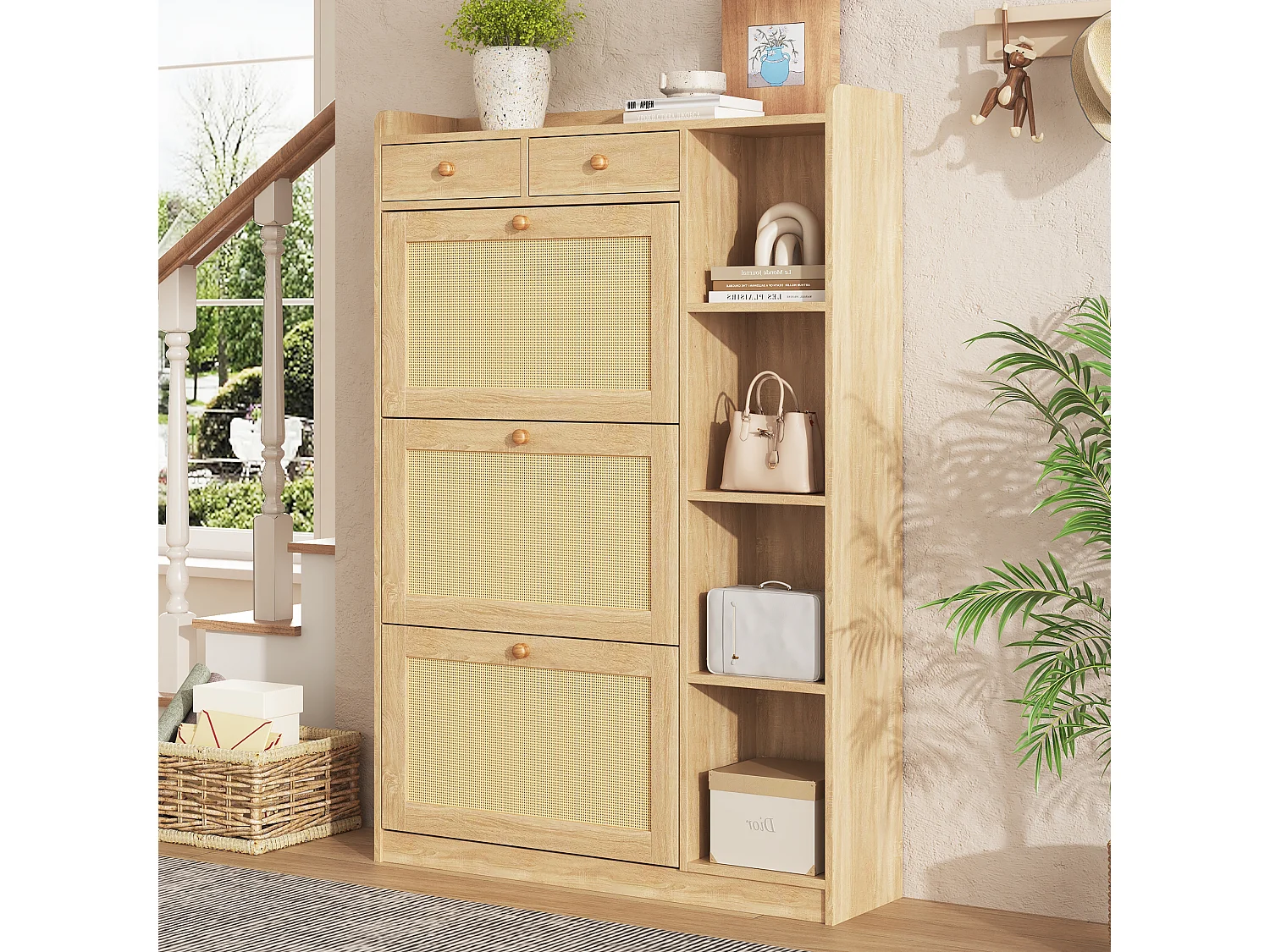 Schuhschrank aus Rattan mit 2 Klapptüren, 2 Schubladen und Regalböden – Spanplatte – 90 x 24 x 103 cm – Naturholz