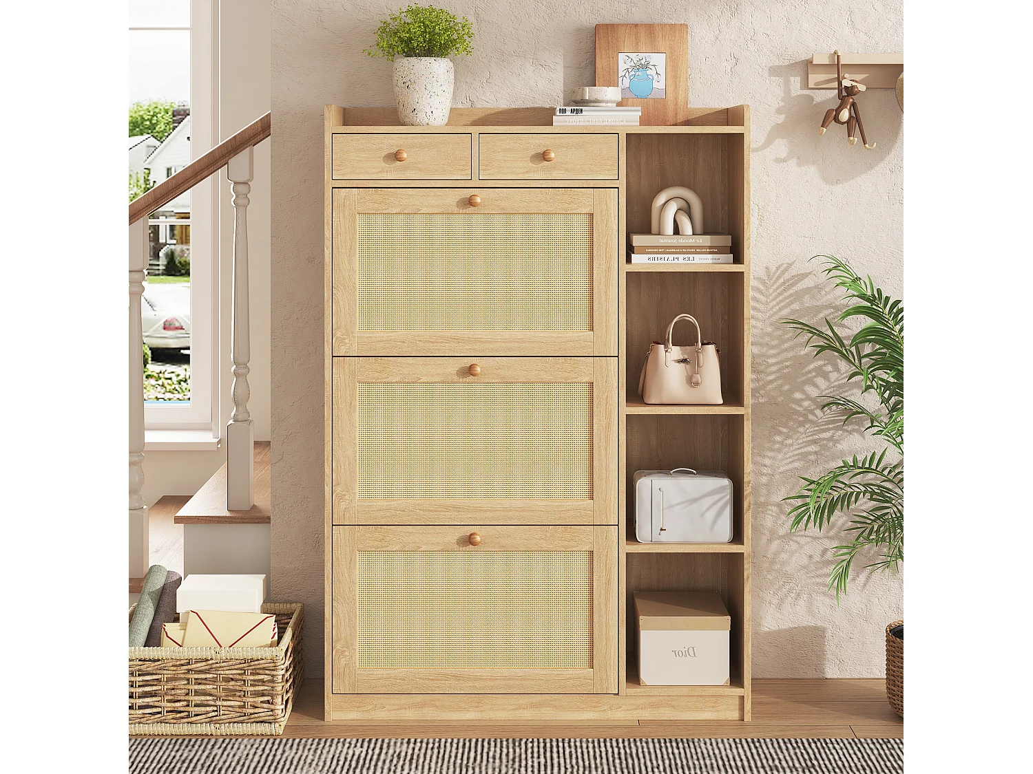 Schuhschrank aus Rattan mit 2 Klapptüren, 2 Schubladen und Regalböden – Spanplatte – 90 x 24 x 103 cm – Naturholz