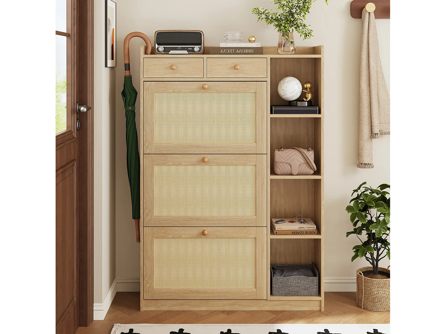 Schuhschrank aus Rattan mit 2 Klapptüren, 2 Schubladen und Regalböden – Spanplatte – 90 x 24 x 103 cm – Naturholz