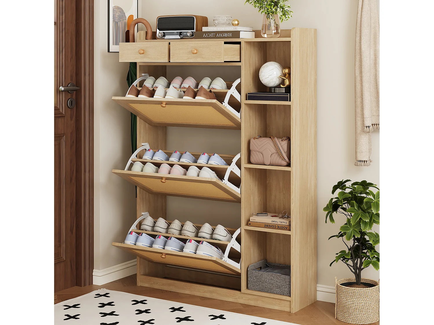Schuhschrank aus Rattan mit 2 Klapptüren, 2 Schubladen und Regalböden – Spanplatte – 90 x 24 x 103 cm – Naturholz