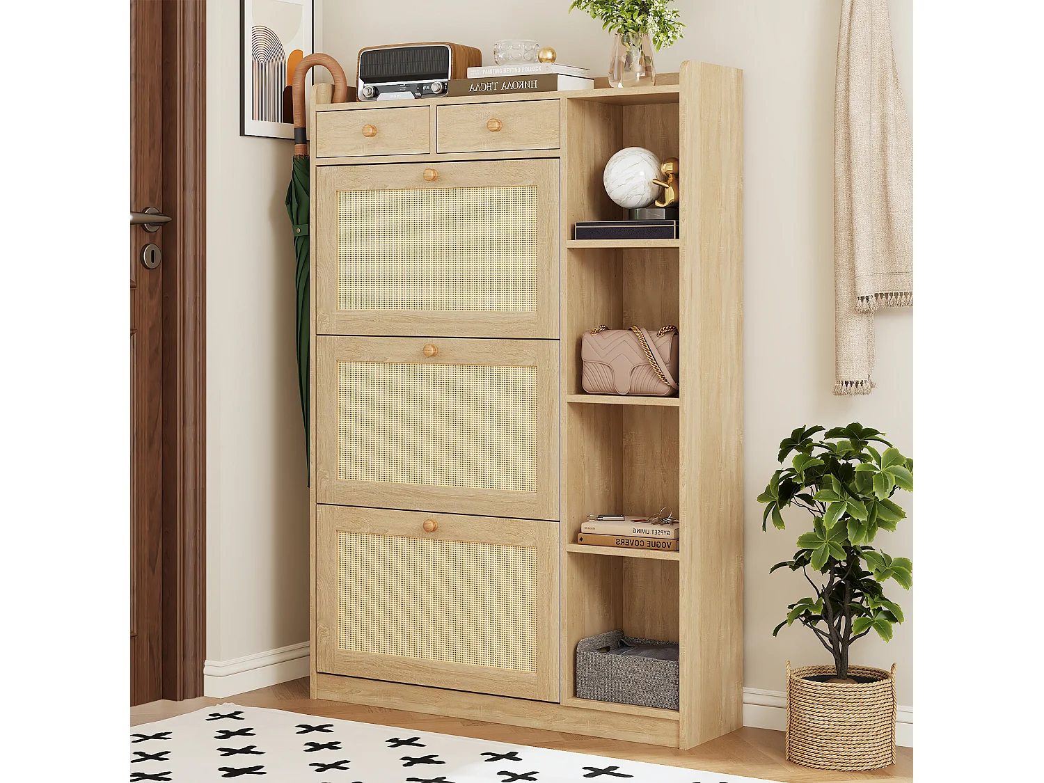 Schuhschrank aus Rattan mit 2 Klapptüren, 2 Schubladen und Regalböden – Spanplatte – 90 x 24 x 103 cm – Naturholz