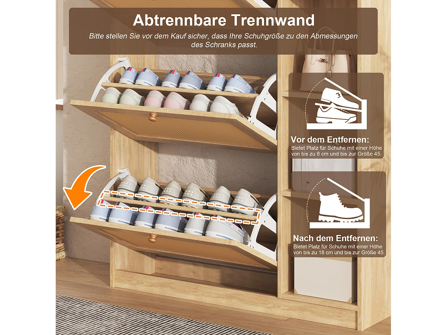 Schuhschrank aus Rattan mit 2 Klapptüren, 2 Schubladen und Regalböden – Spanplatte – 90 x 24 x 103 cm – Naturholz