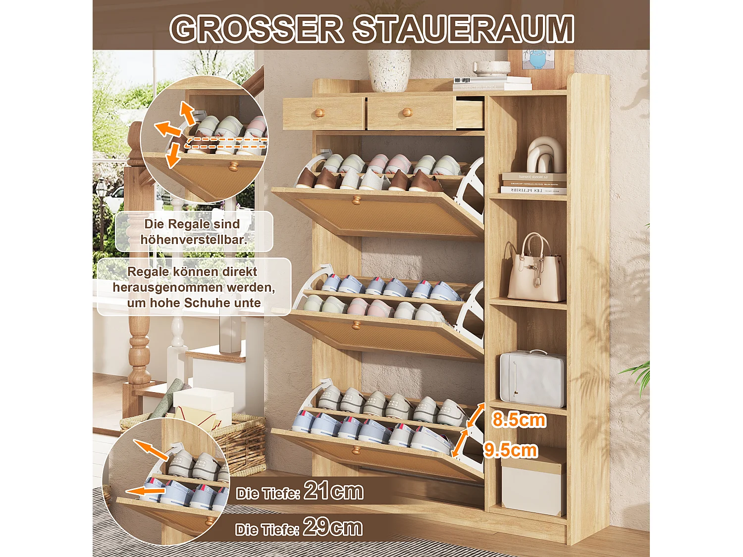 Schuhschrank aus Rattan mit 2 Klapptüren, 2 Schubladen und Regalböden – Spanplatte – 90 x 24 x 103 cm – Naturholz