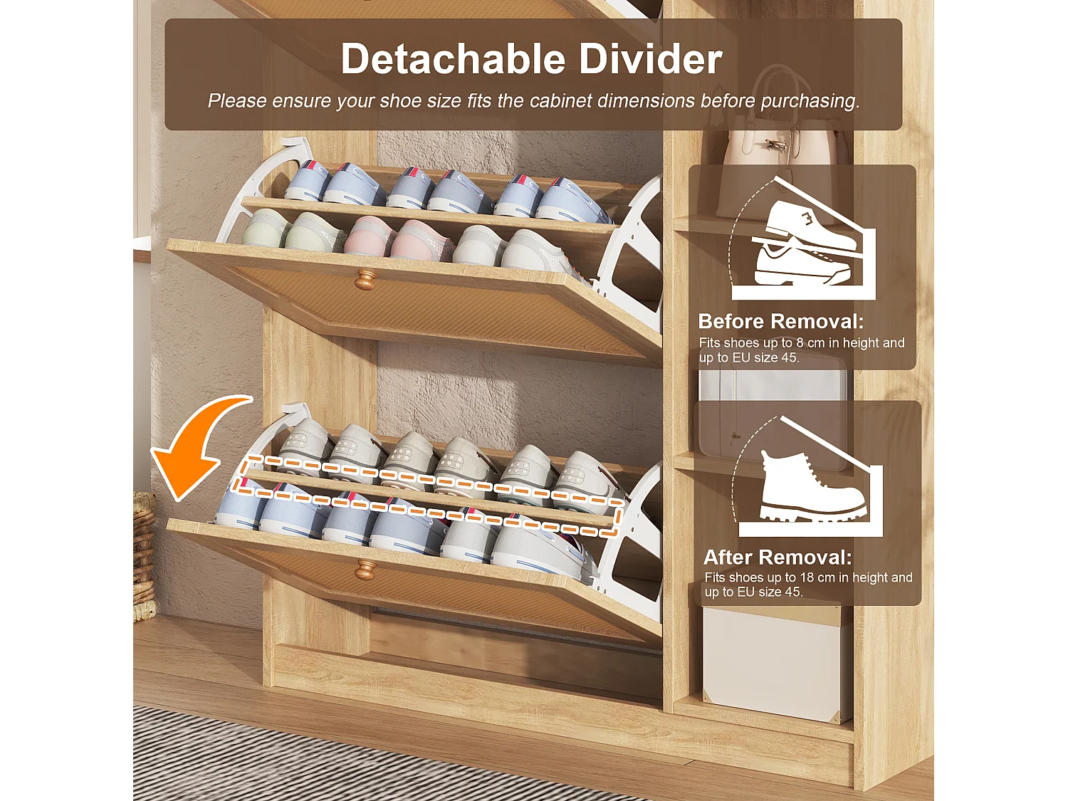 Schuhschrank aus Rattan mit 2 Klapptüren, 2 Schubladen und Regalböden – Spanplatte – 90 x 24 x 103 cm – Naturholz
