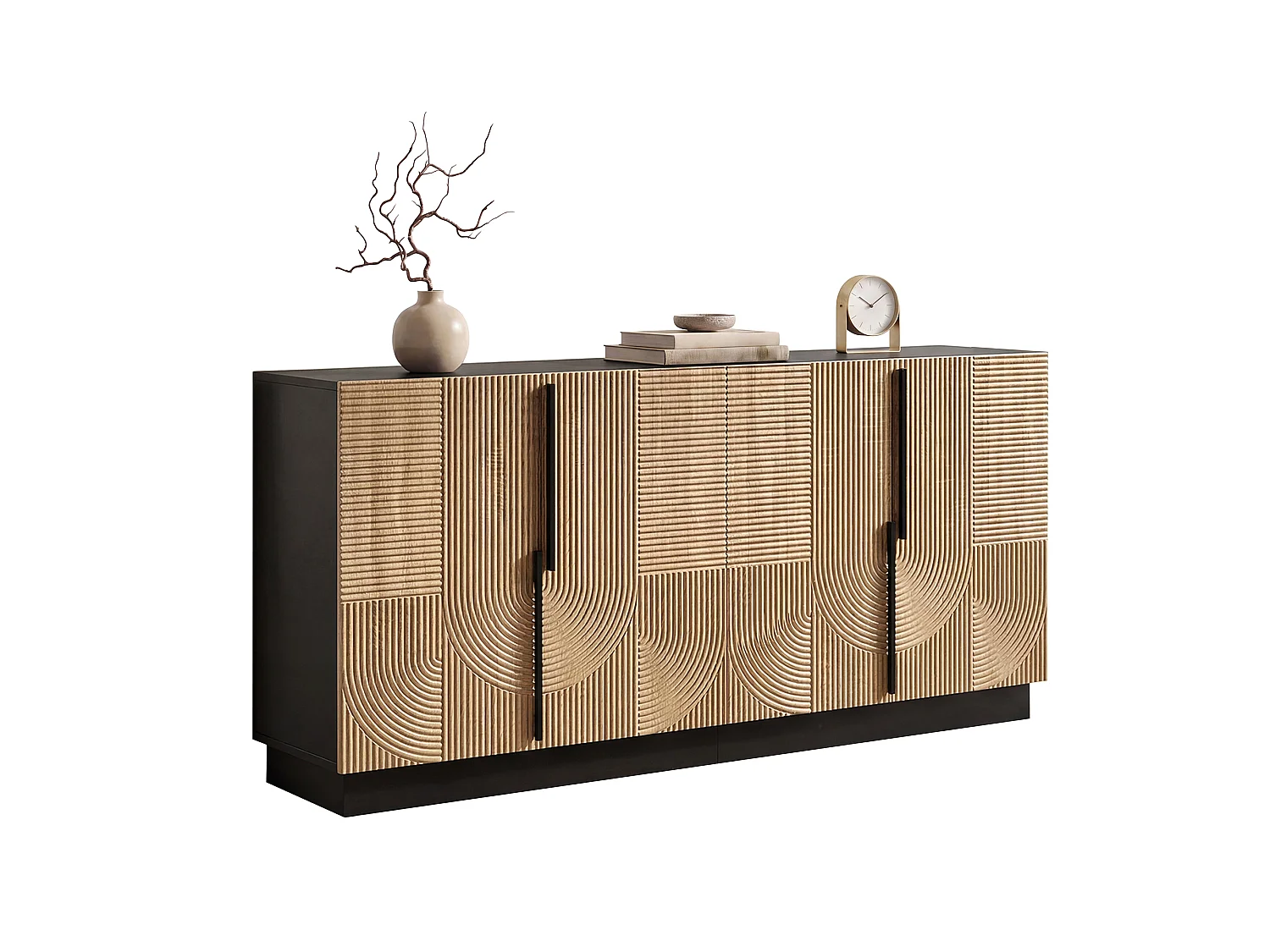 Buffet 4 portes avec étagères de rangement – 160 x 42 x 76 cm – Panneaux de particules et MDF – Naturel et noir