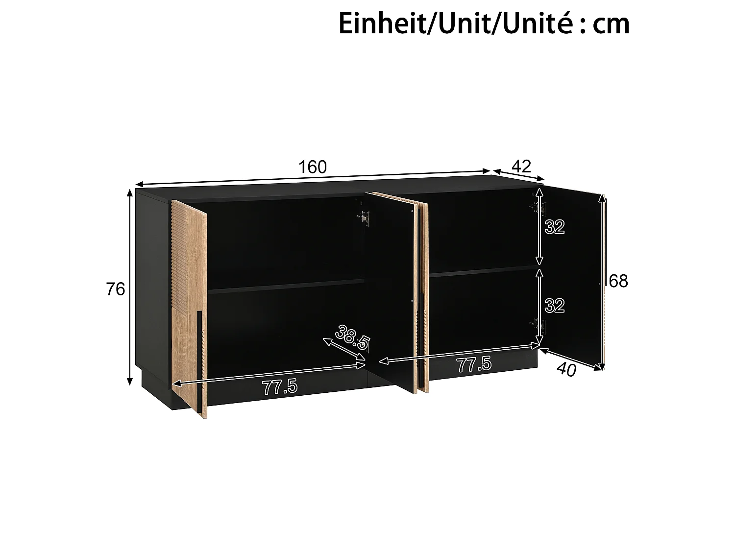 Buffet 4 portes avec étagères de rangement – 160 x 42 x 76 cm – Panneaux de particules et MDF – Naturel et noir